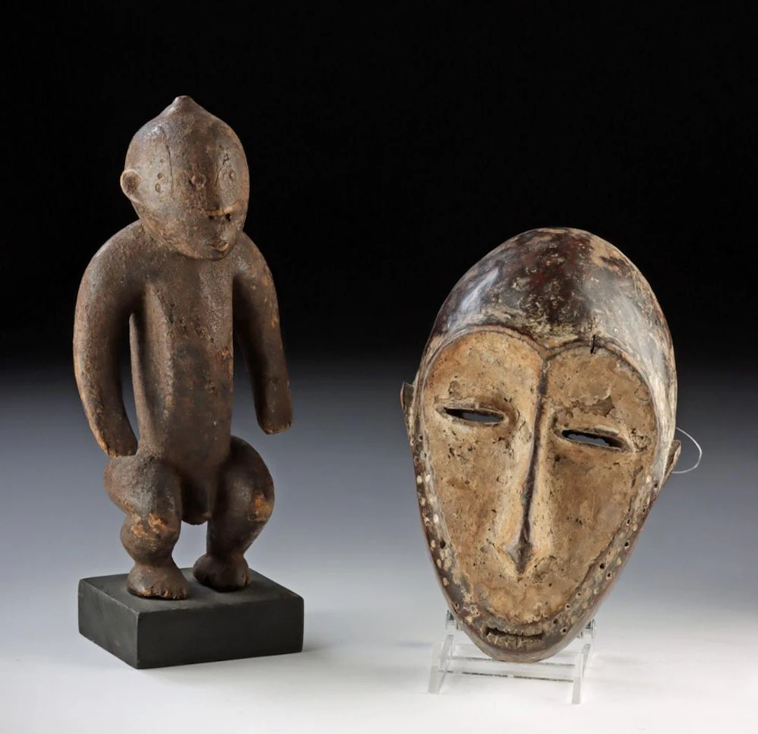 African Lega Wood Bwami Mask & Lozi Wood Figure