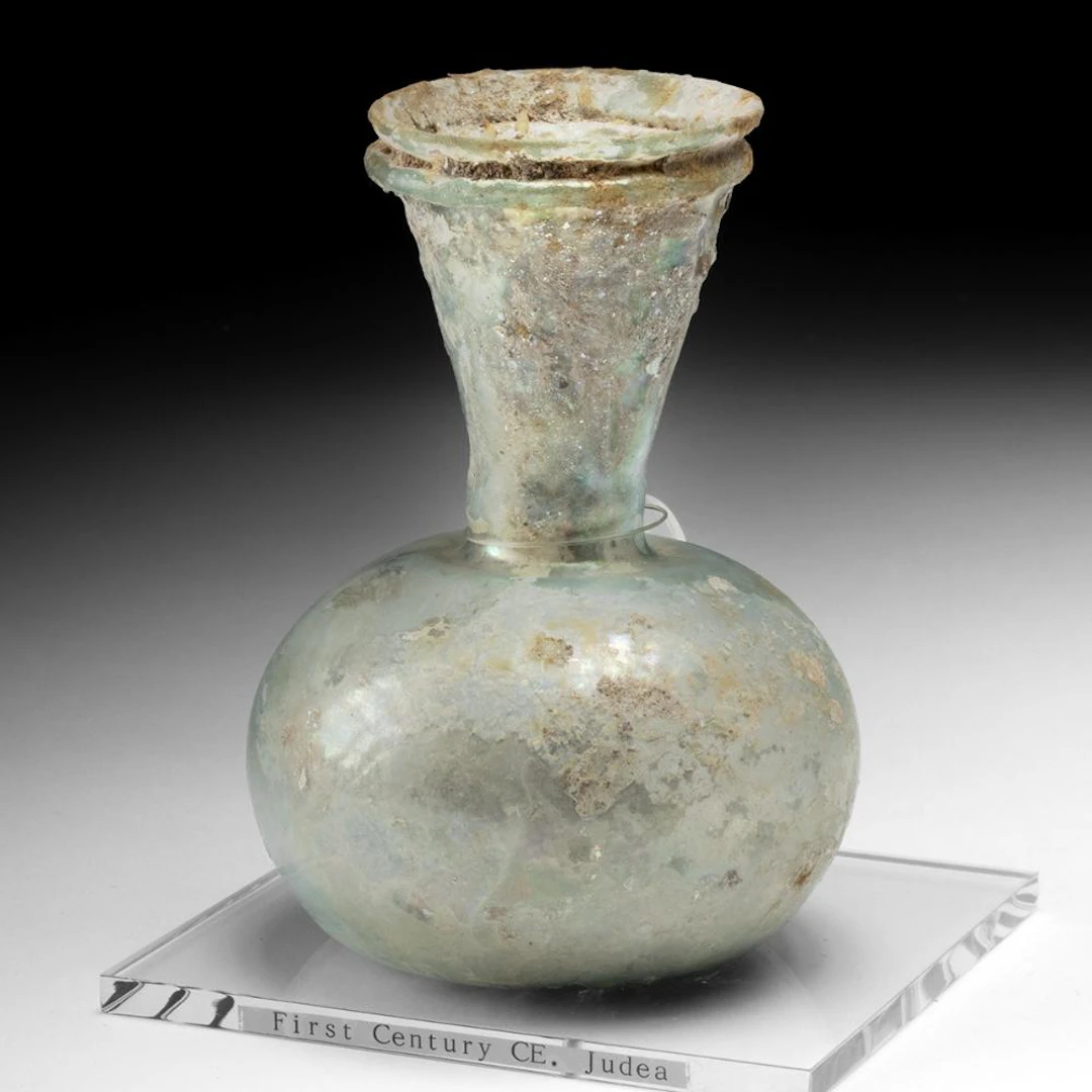 Ancient Roman Empire Glass Globular Flask with Funnel Neck