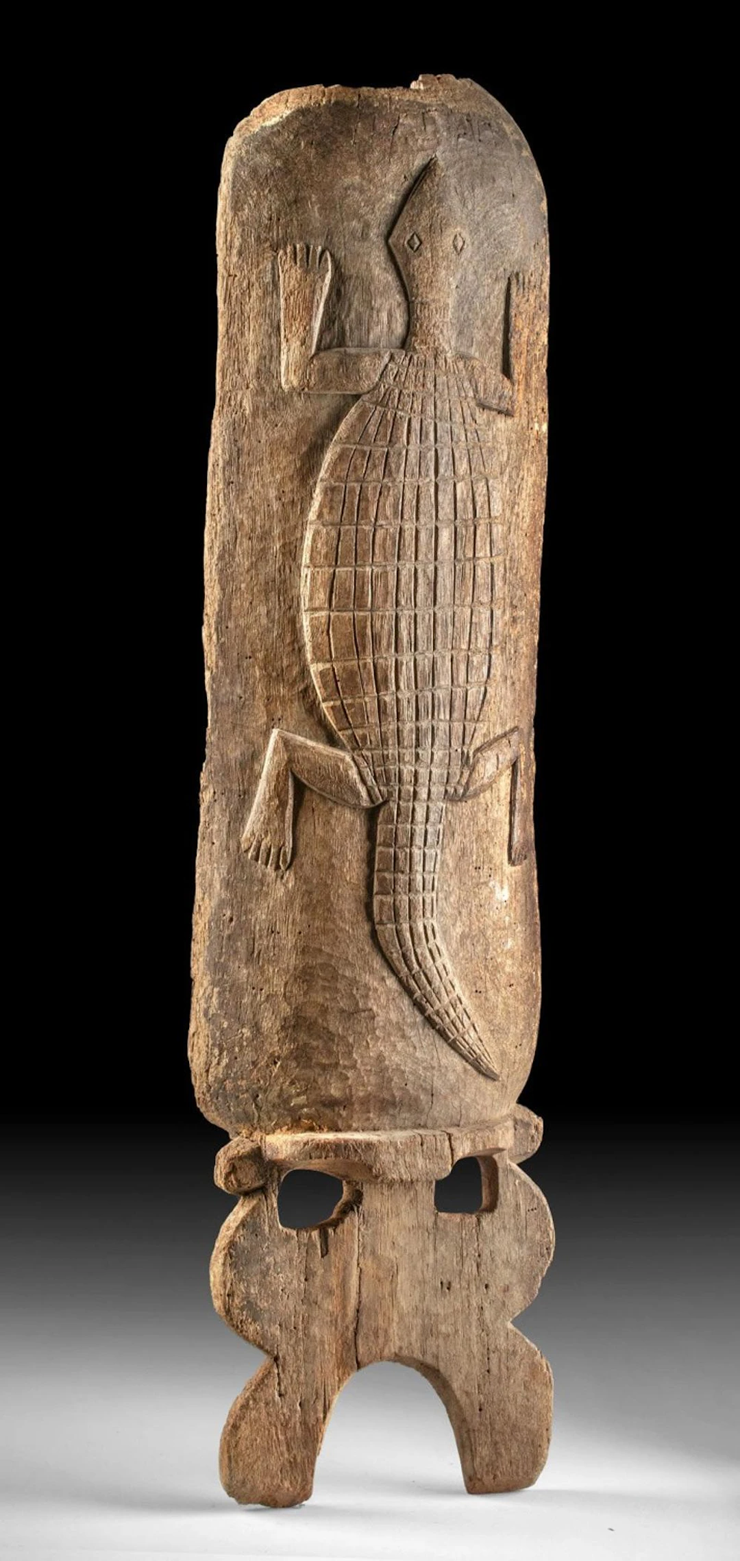 Mali Carved Wood Birthing Chair Back, Crocodile Relief, Bamana Dogon, 50" H