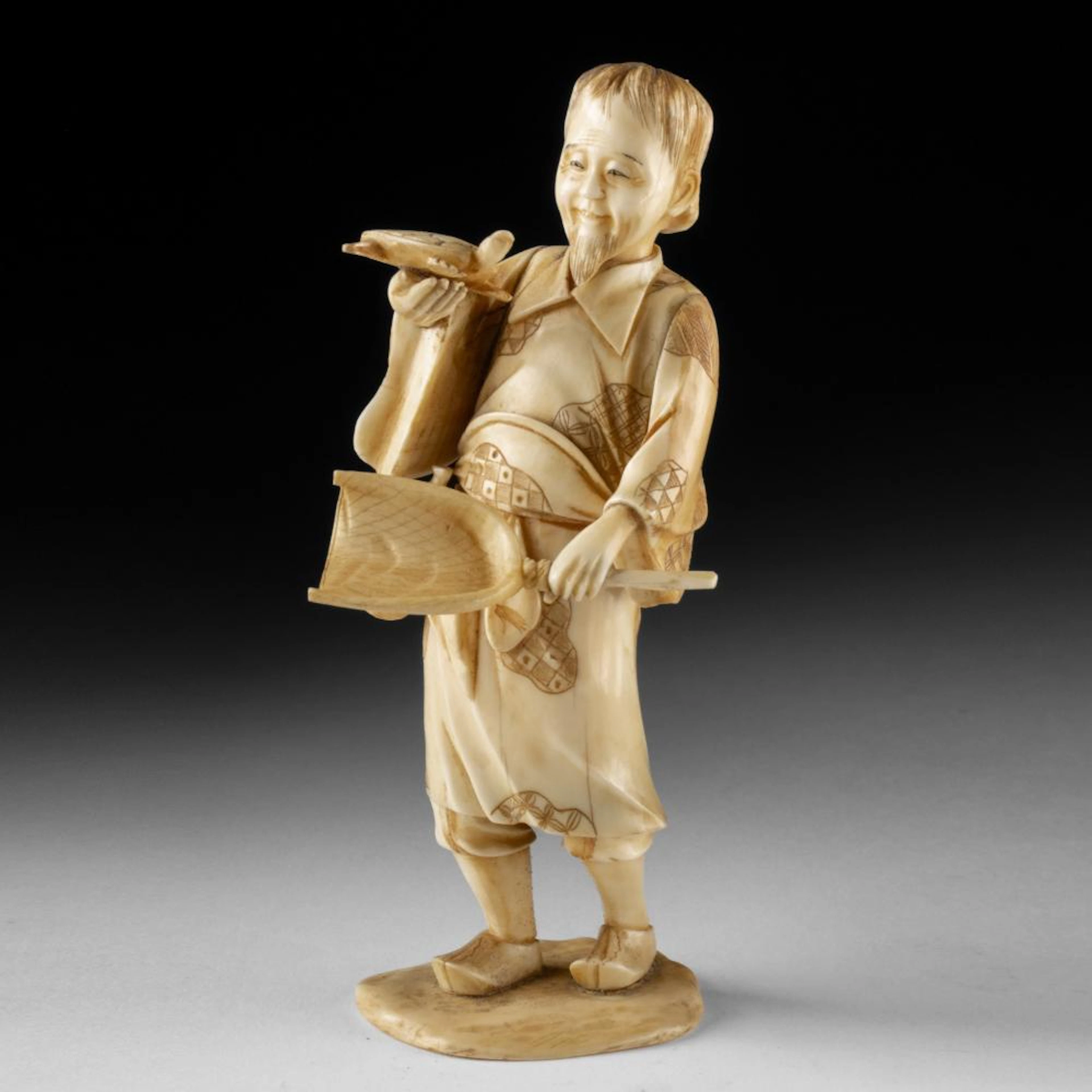 Japanese Meiji Ivory Okimono, Fisherman with Turtle and Scoop Net