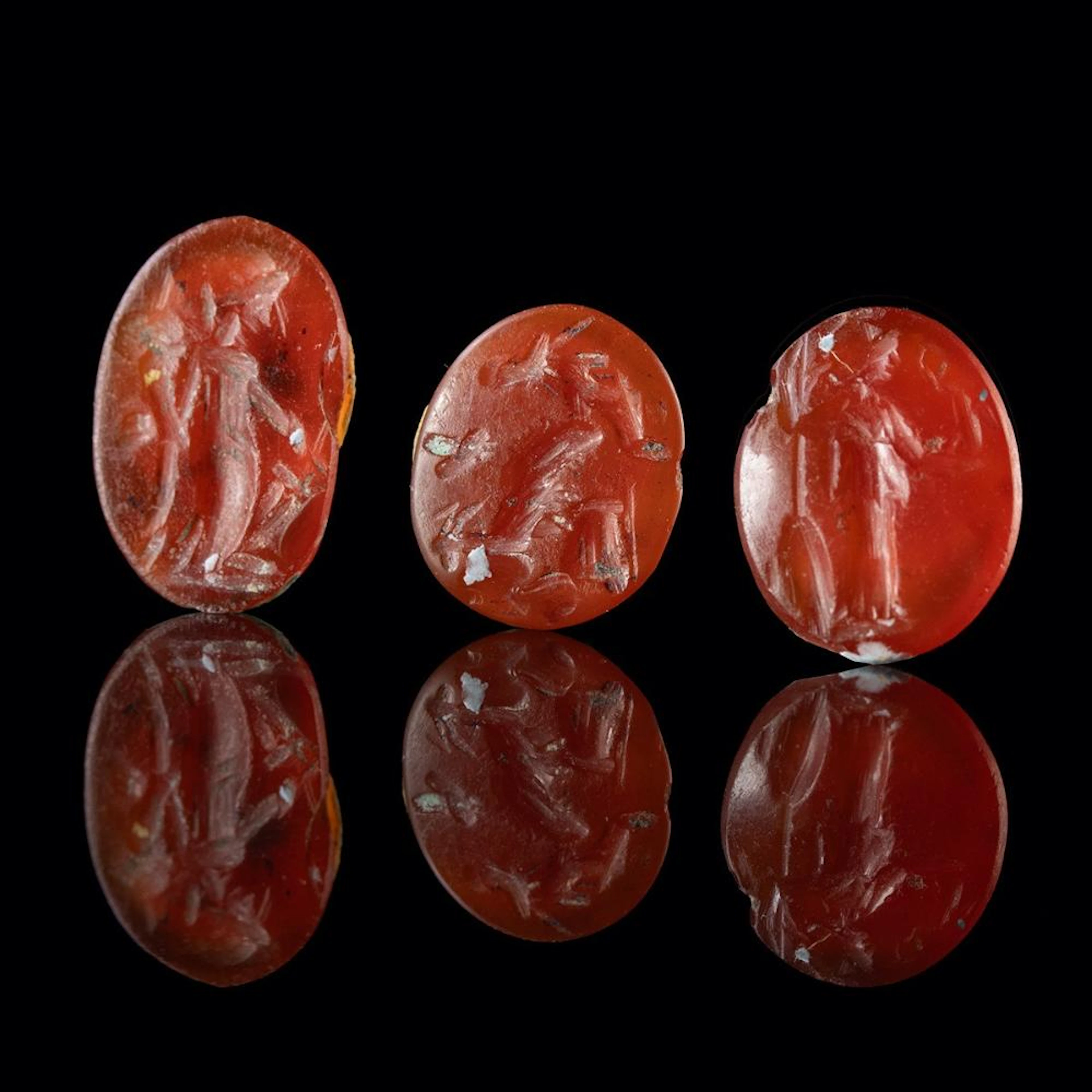 3 Roman Carnelian Intaglios - Fortuna, Minerva, Victory & Birds