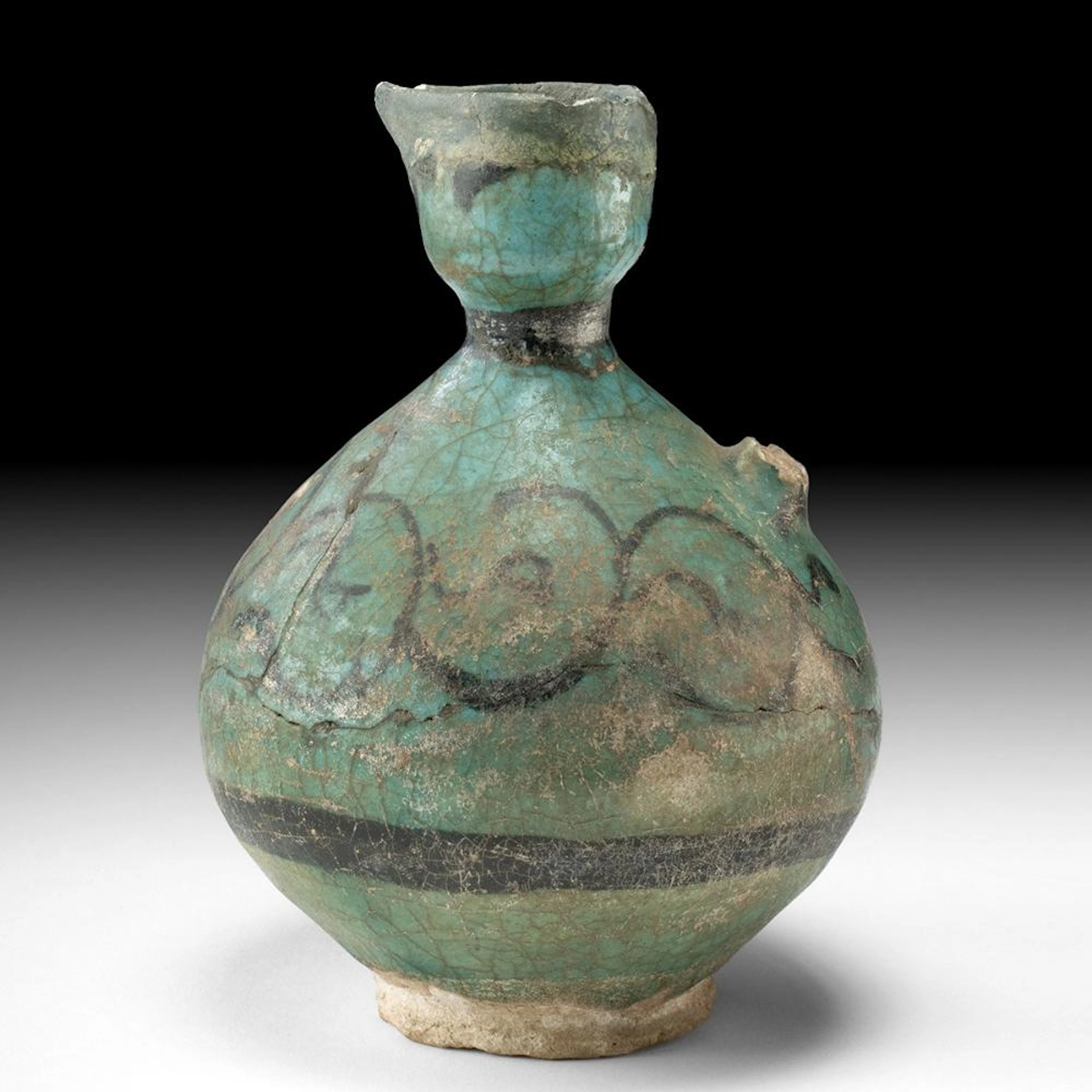 Persian Seljuk Kashan Pottery Bottle, Black Under Turquoise Glaze