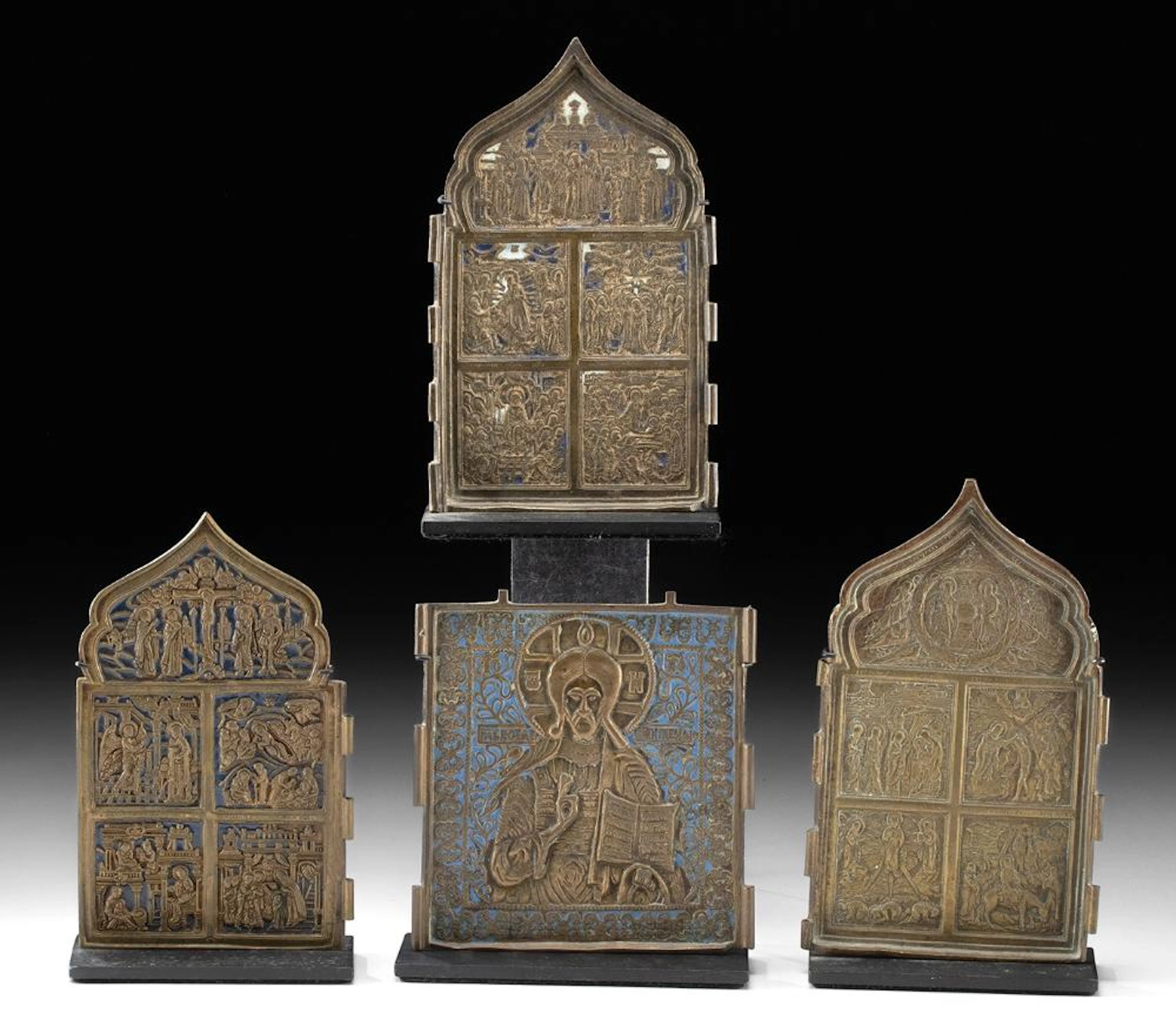 4 Russian Brass & Enamel Travel Icons, Life of Christ & Pantokrator