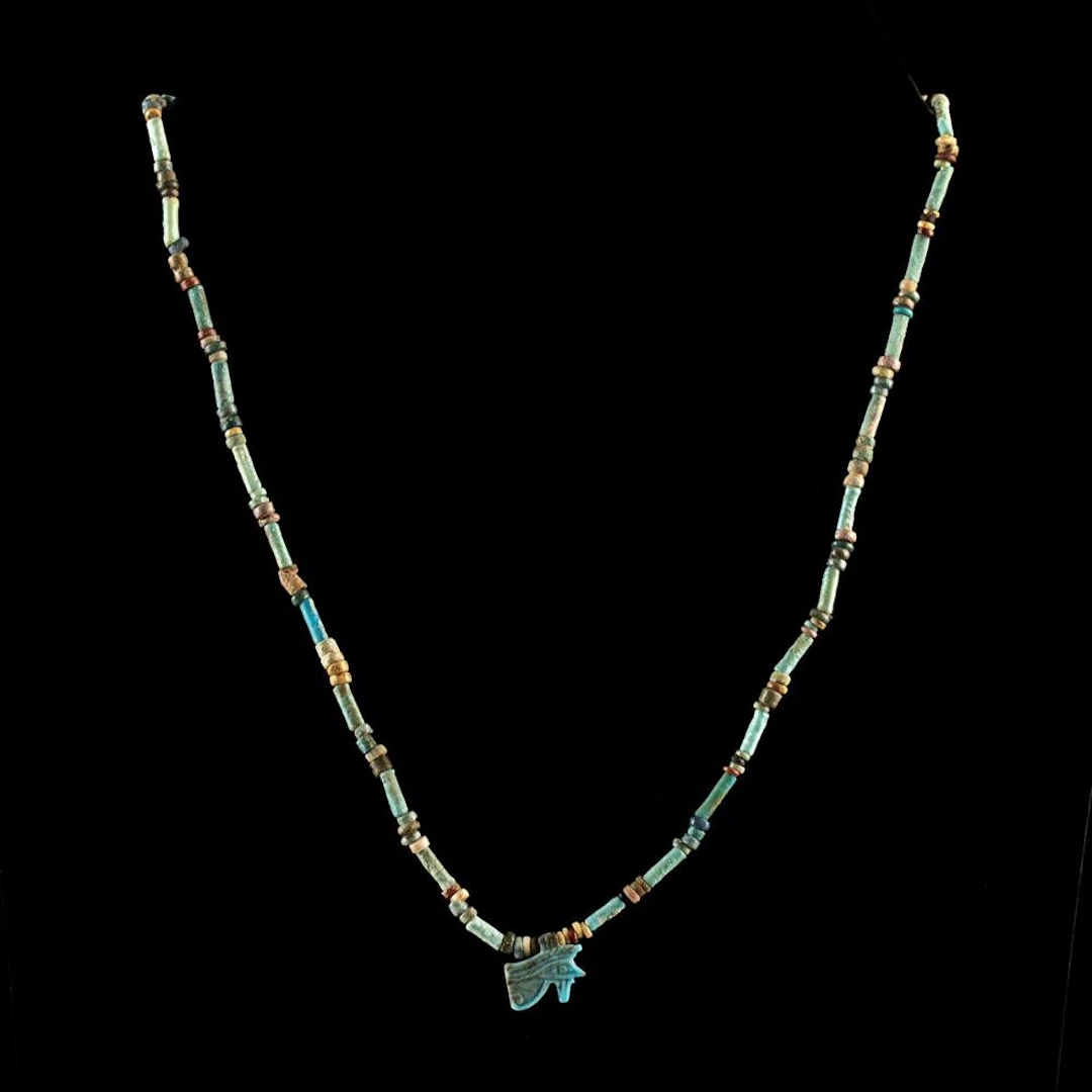 Egyptian Faience Bead Necklace - Wedjat Eye of Horus Amulet