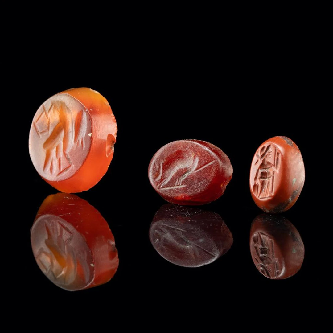 3 Roman Carnelian & Jasper Intaglios - Eagle, Hare, & Minerva