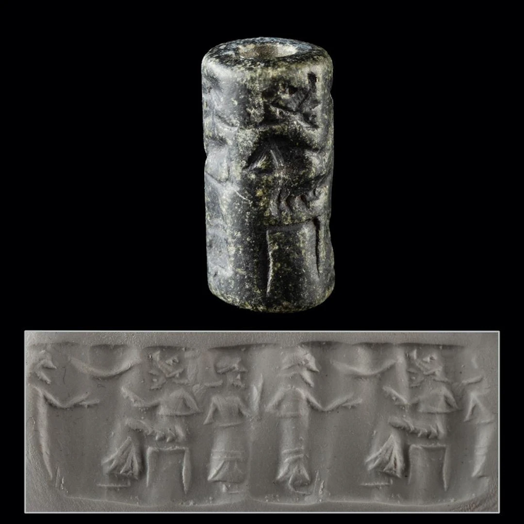 Akkadian Blackstone Cylinder Seal Bead w/ Presentation Scene