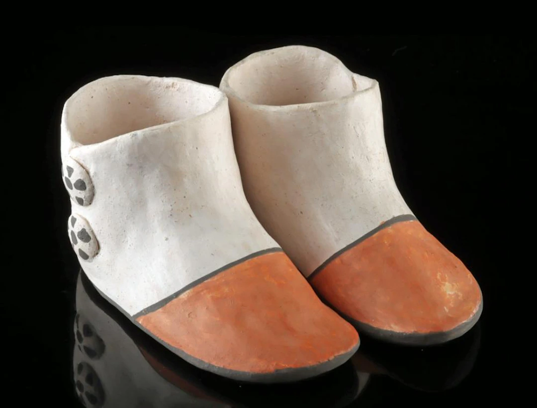 Native American Acoma Pueblo Miniature Pottery Moccasins, Signed