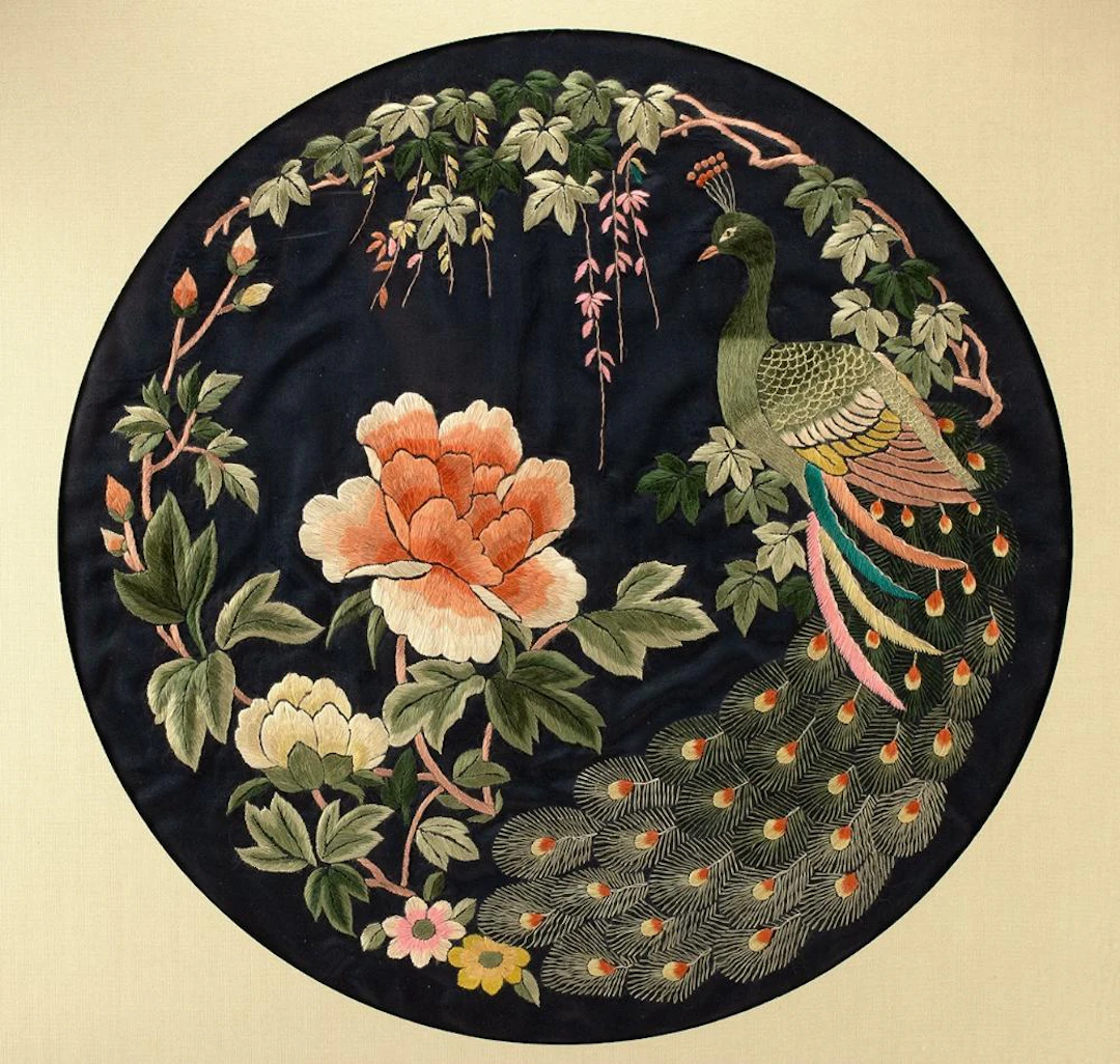Framed Chinese Silk Embroidery Peacock & Peony Panel