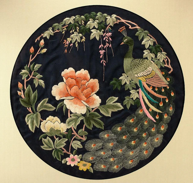 Framed Chinese Silk Embroidery Peacock & Peony Panel
