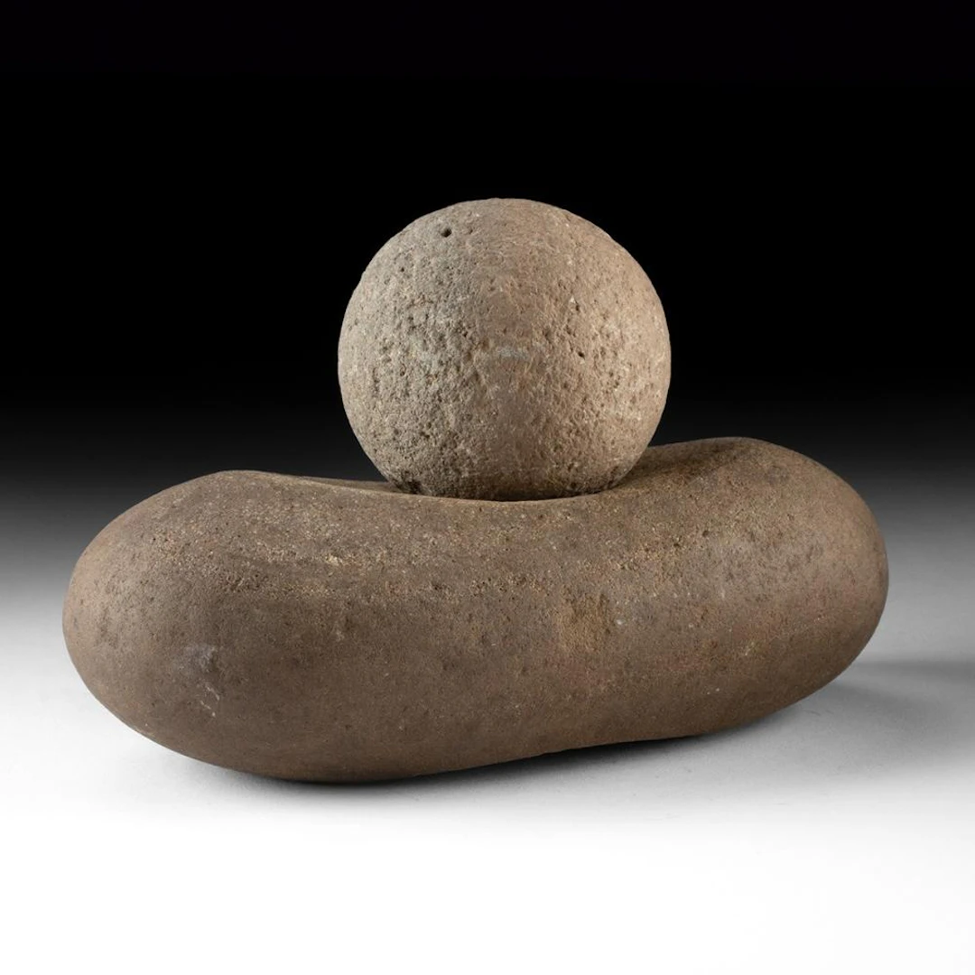 Two Anasazi Stone Artifacts - Stone Ball Game Piece & Handstone Tool