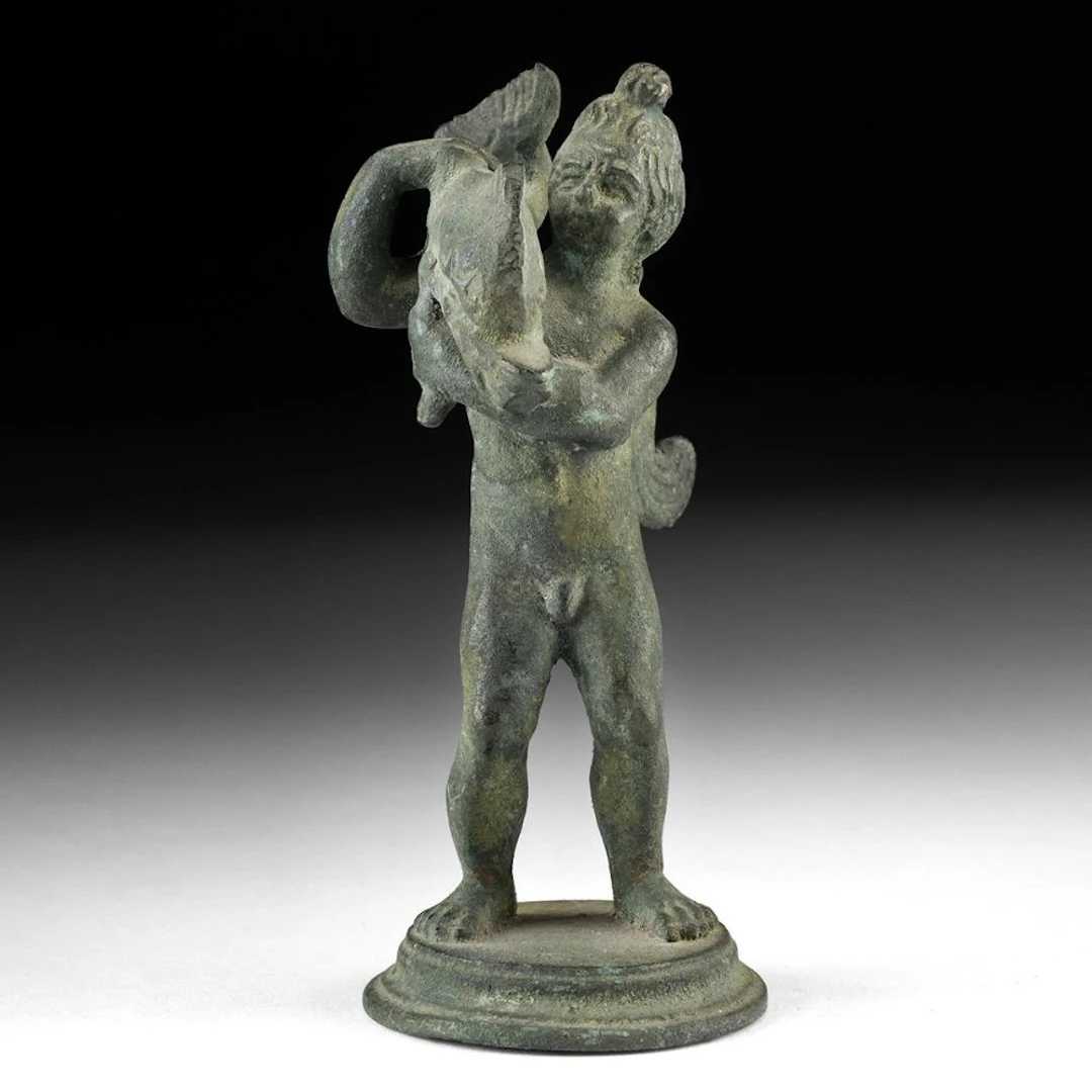 Late 19th C. Neapolitan Brass Cupid with Dolphin - Grand Tour, After