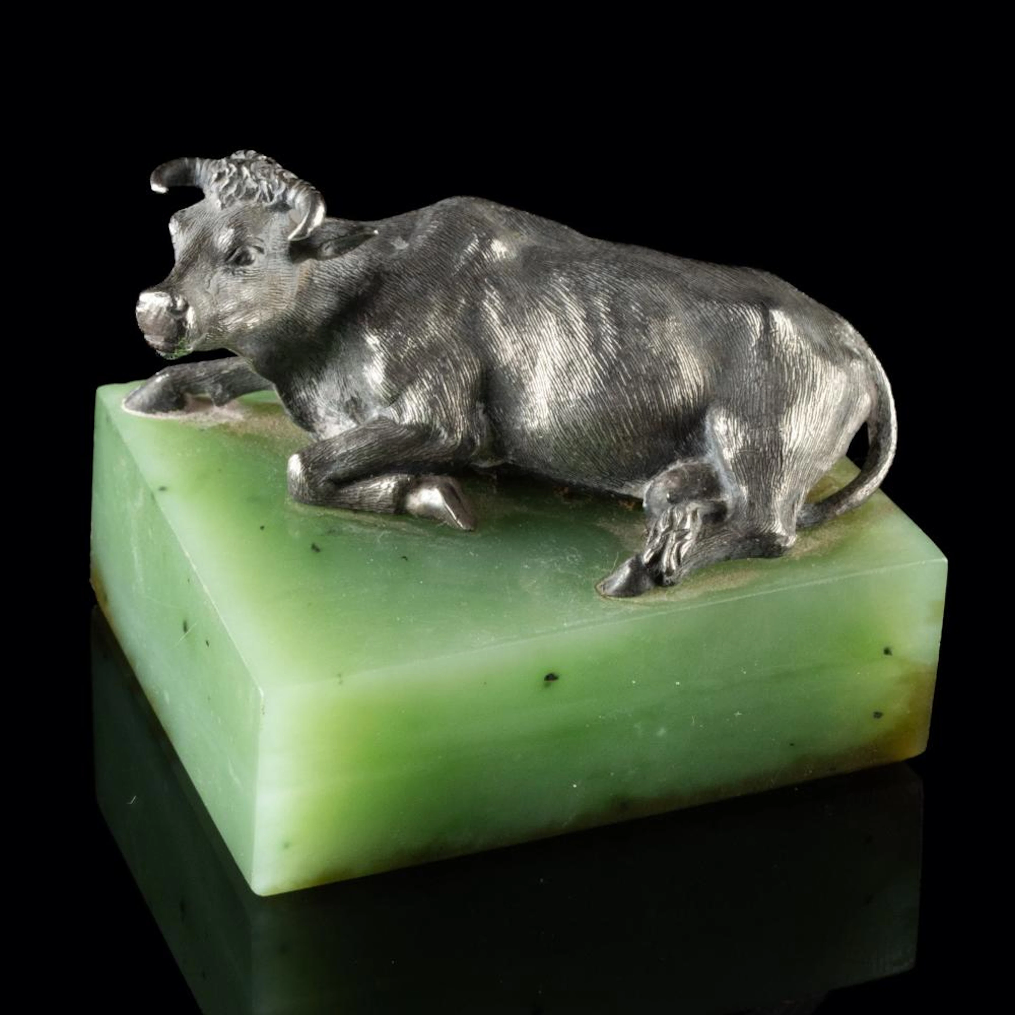 Fabergé Miniature Silver Recumbent Cow on Nephrite Base, Russia