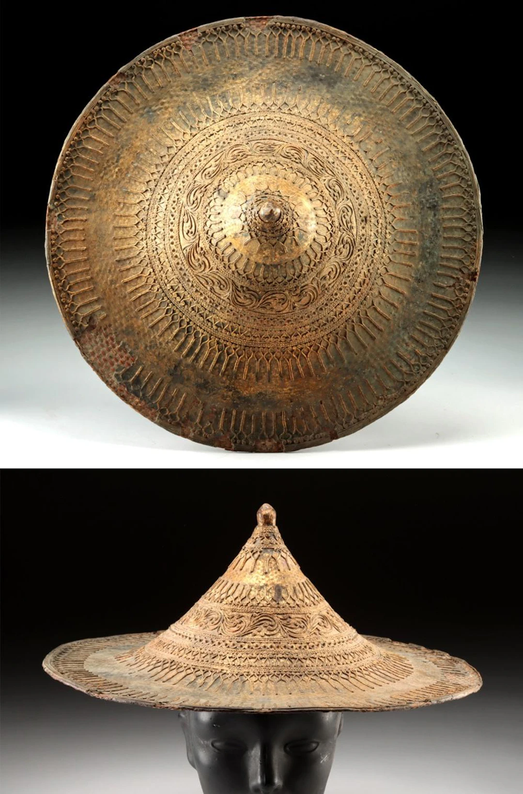 Antique Thai / Khmer Lacquered Ceremonial Hat, Gilt Gesso
