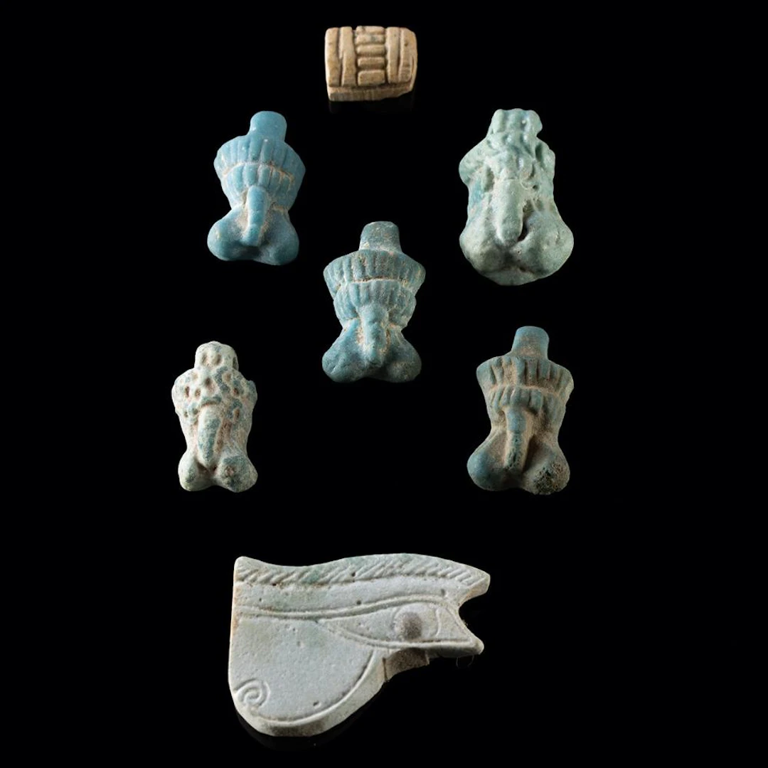 7 Romano-Egyptian Faience Amulets - Wedjat, Phalli, & Abstract Motif