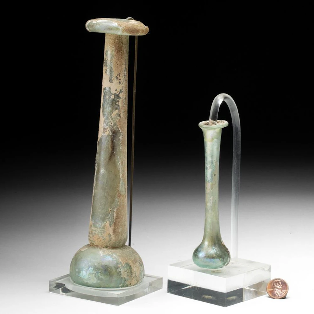 Two Ancient Roman Pale Green Glass Candlestick Unguentarium