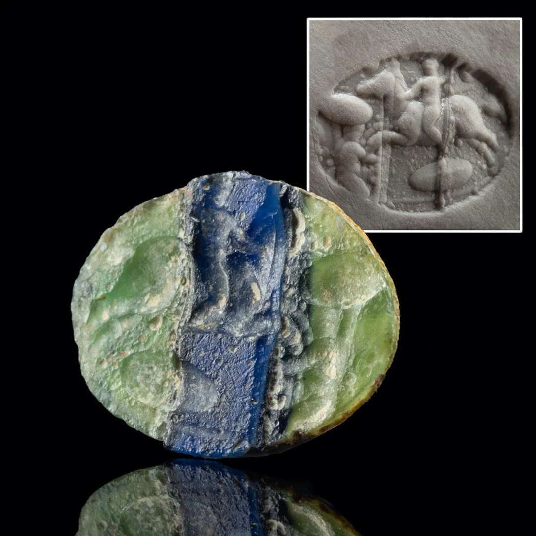 Roman Banded Glass Intaglio, Two Cupids with Horse