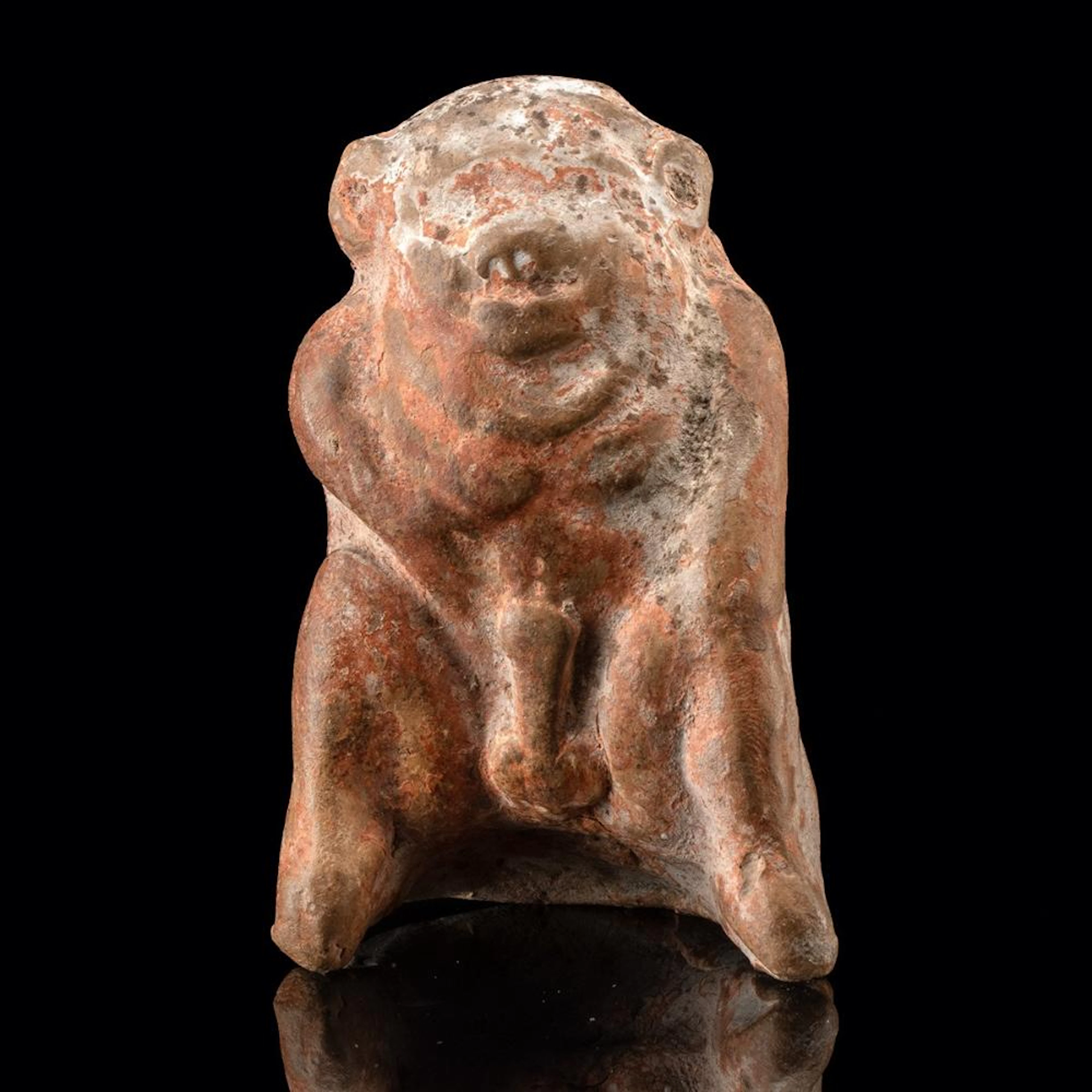 Greek Terracotta Miniature Crouching Ithyphallic Silenus Statuette