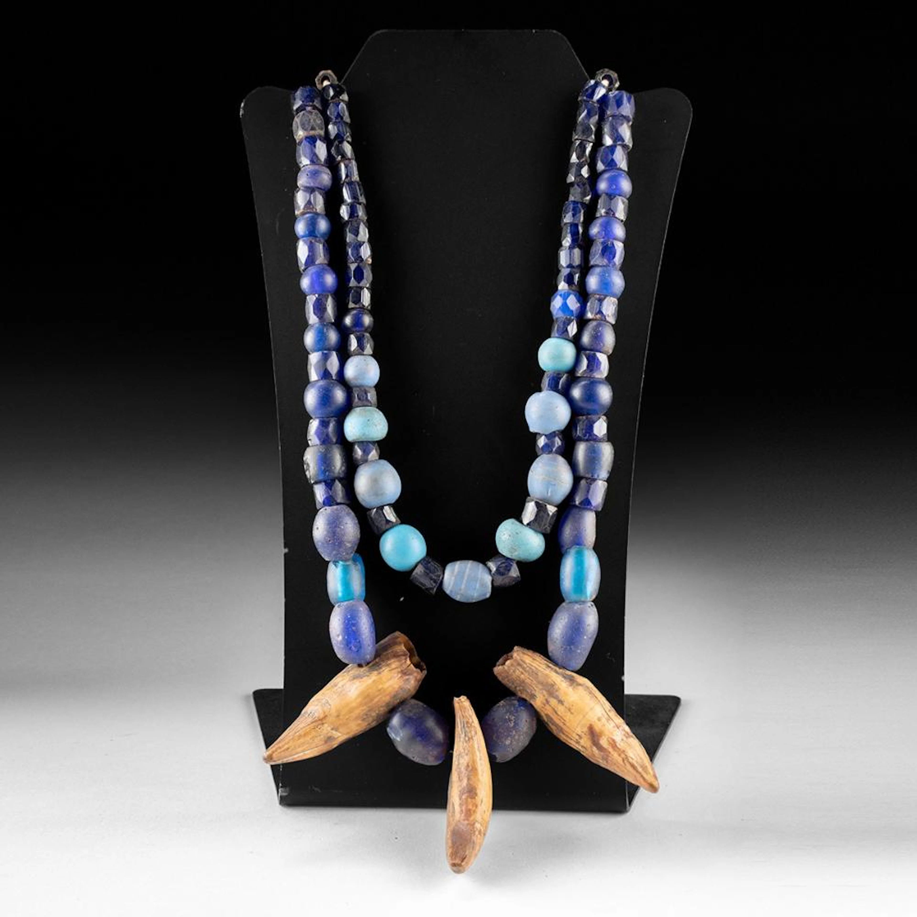 Salish Trade Bead Necklace | Russian Blues, Fossil Bear Teeth