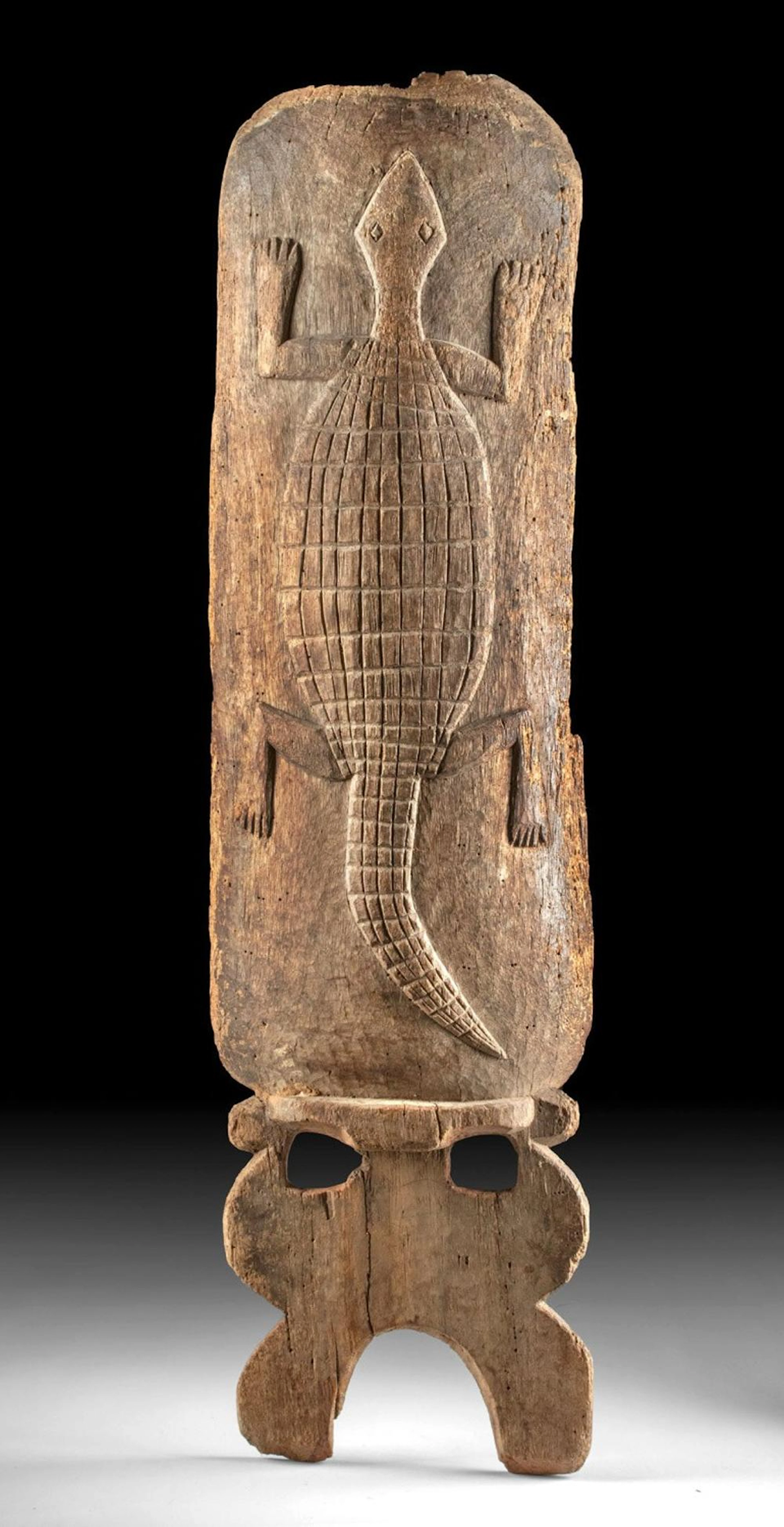 19th C. West African Mali Wood Chair Panel w/ Crocodile