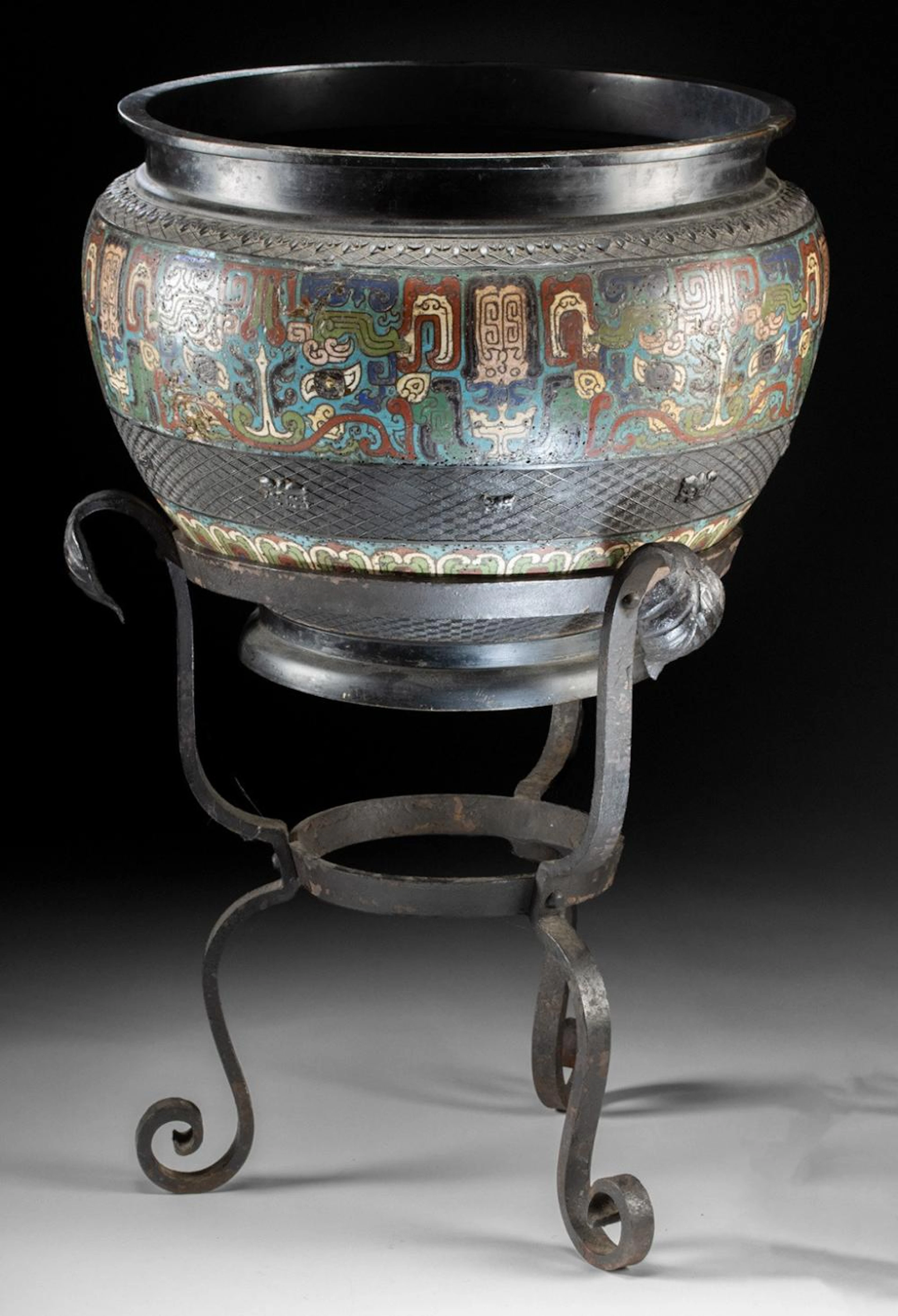 Large Chinese Qing Champleve Enamel Brass Brazier Bowl