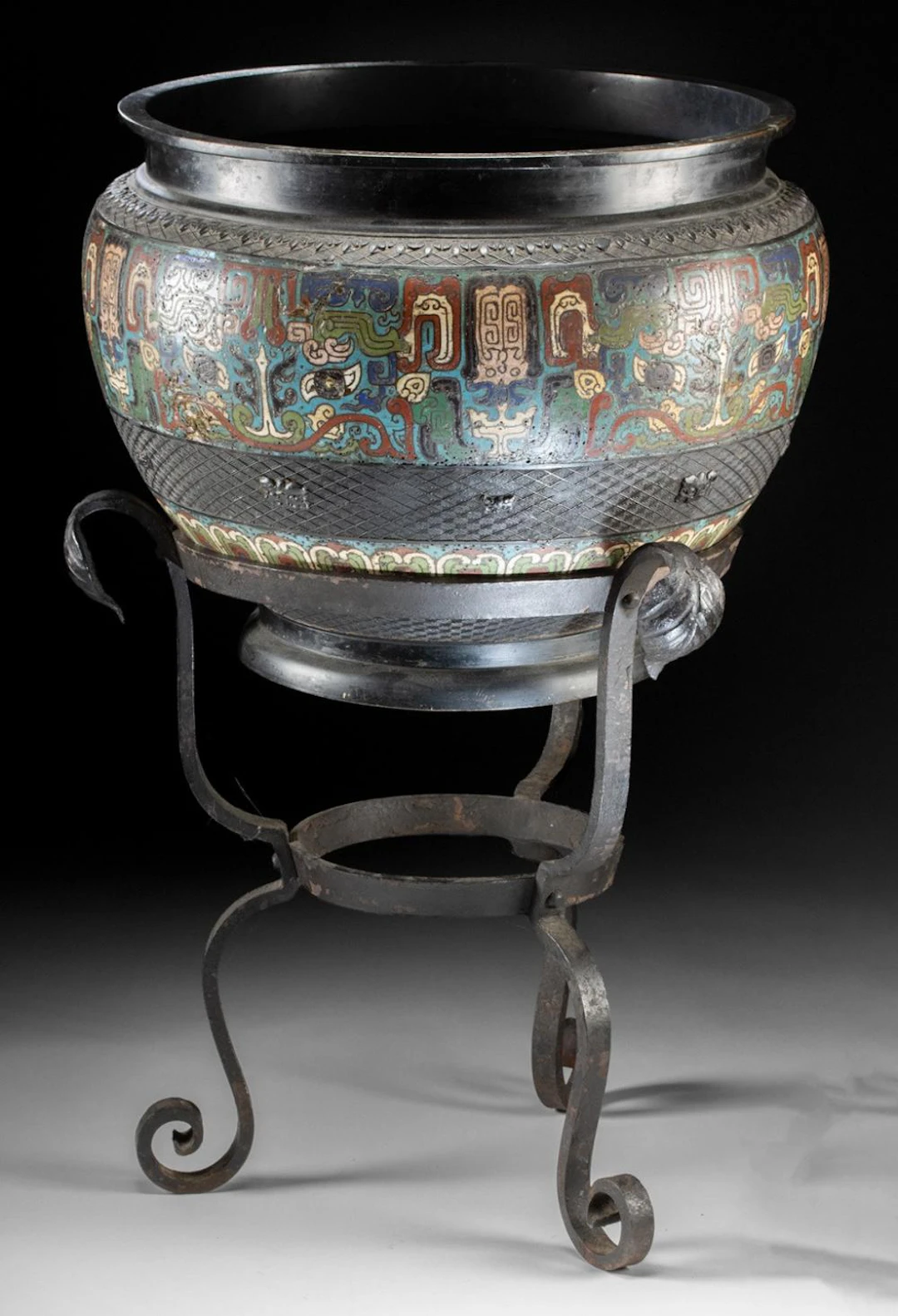Large Chinese Qing Champleve Enamel Brass Brazier Bowl