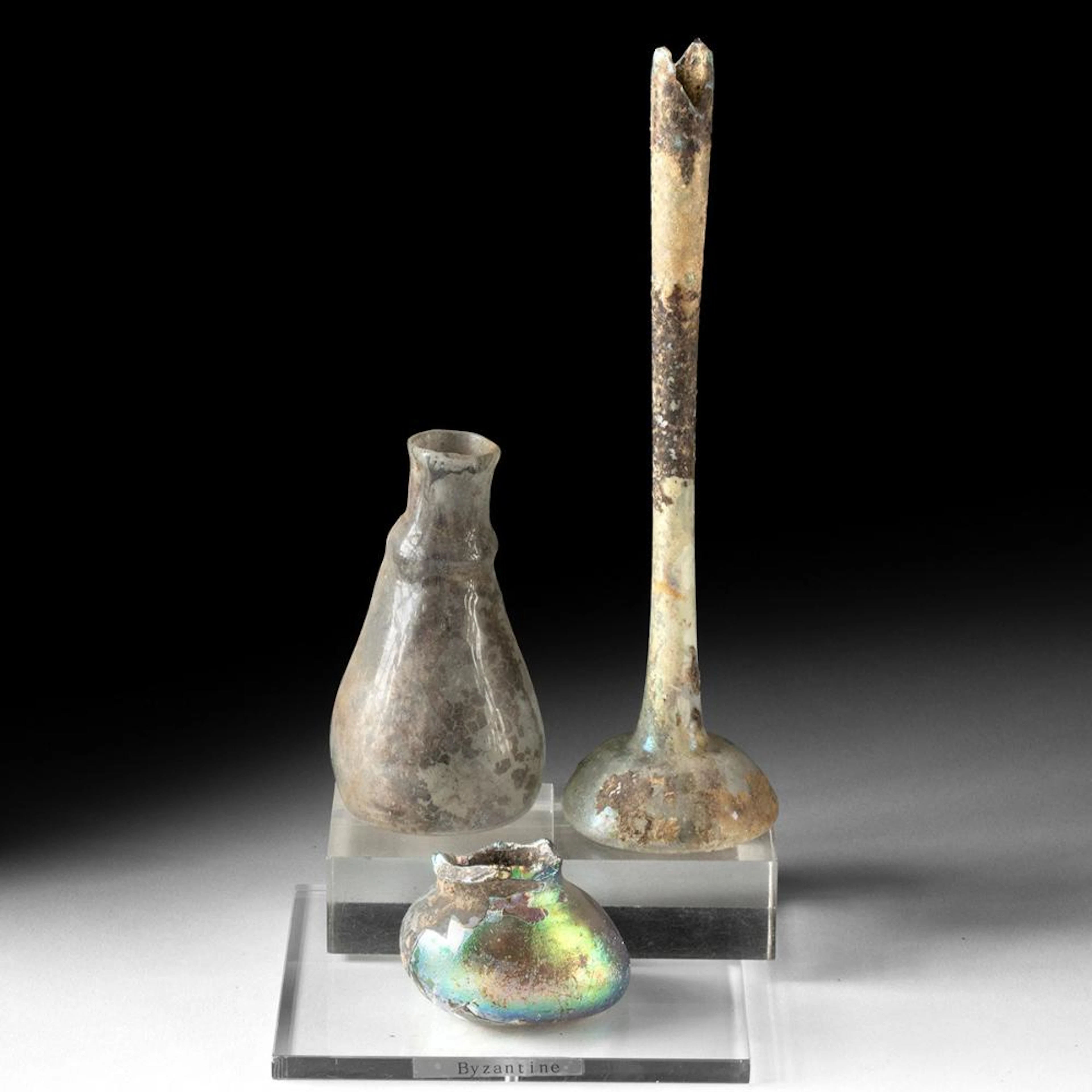 3 Roman Glass Vessels - Candlestick Flask, Unguentarium, & Jar