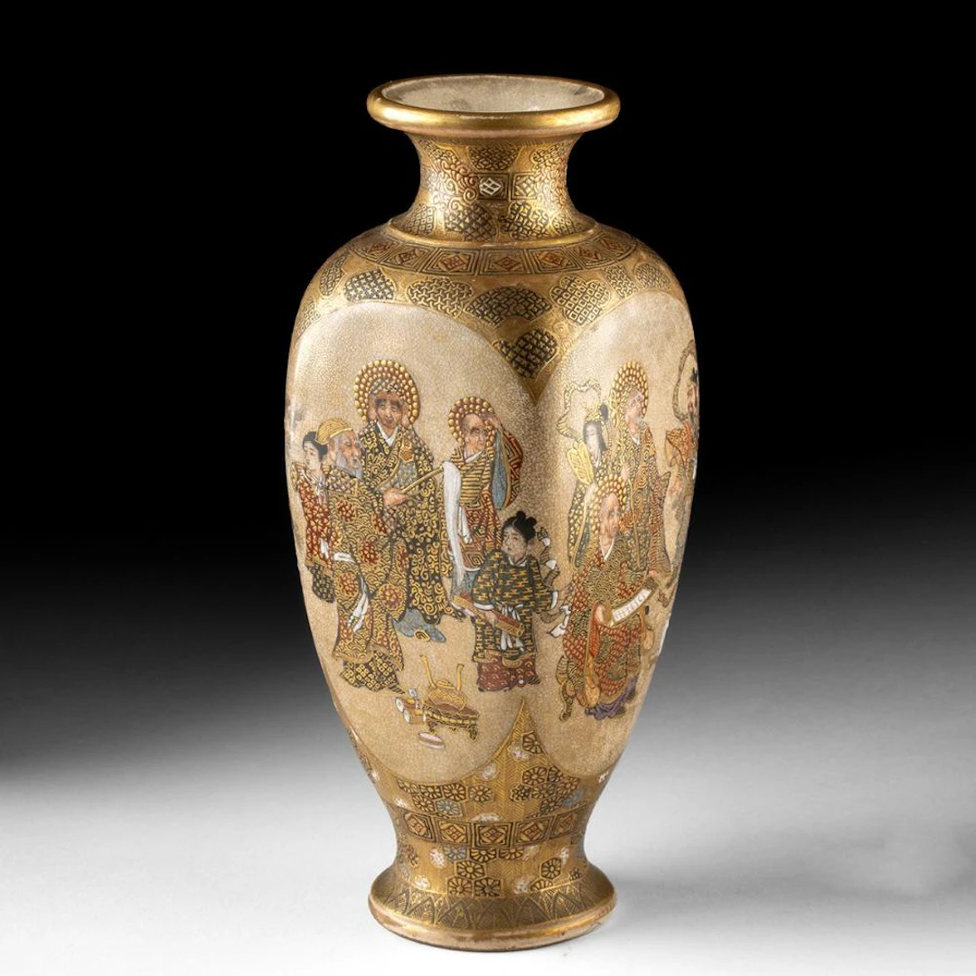 Japanese Satsuma Earthenware Vase with Rakan and Gilt Brocade Panels