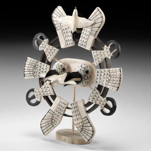 Matthew Tiulana Inupiaq Walrus Ivory and Baleen "Double Head Hawk Mask"