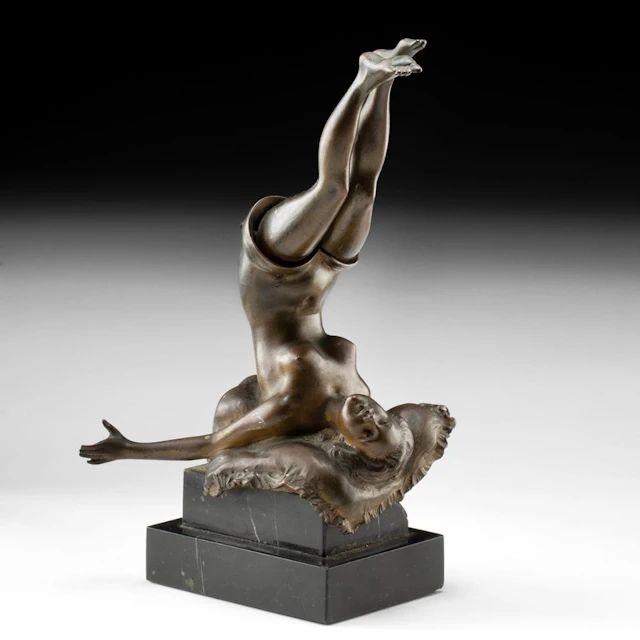 1920s Art Deco Erotic Reclining Nude Cigar Cutter Sculpture, Patinated Brass