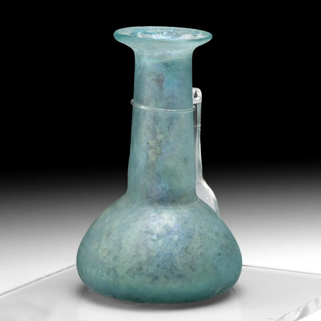 Ancient Roman Empire Blue Glass Flask with Iridescence