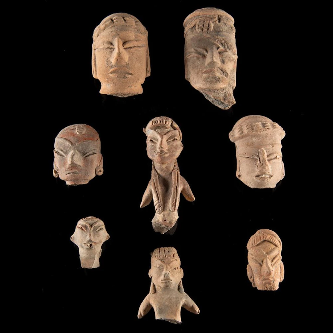Mexican Tlatilco Figure Heads, Buff Clay, Red White Pigment