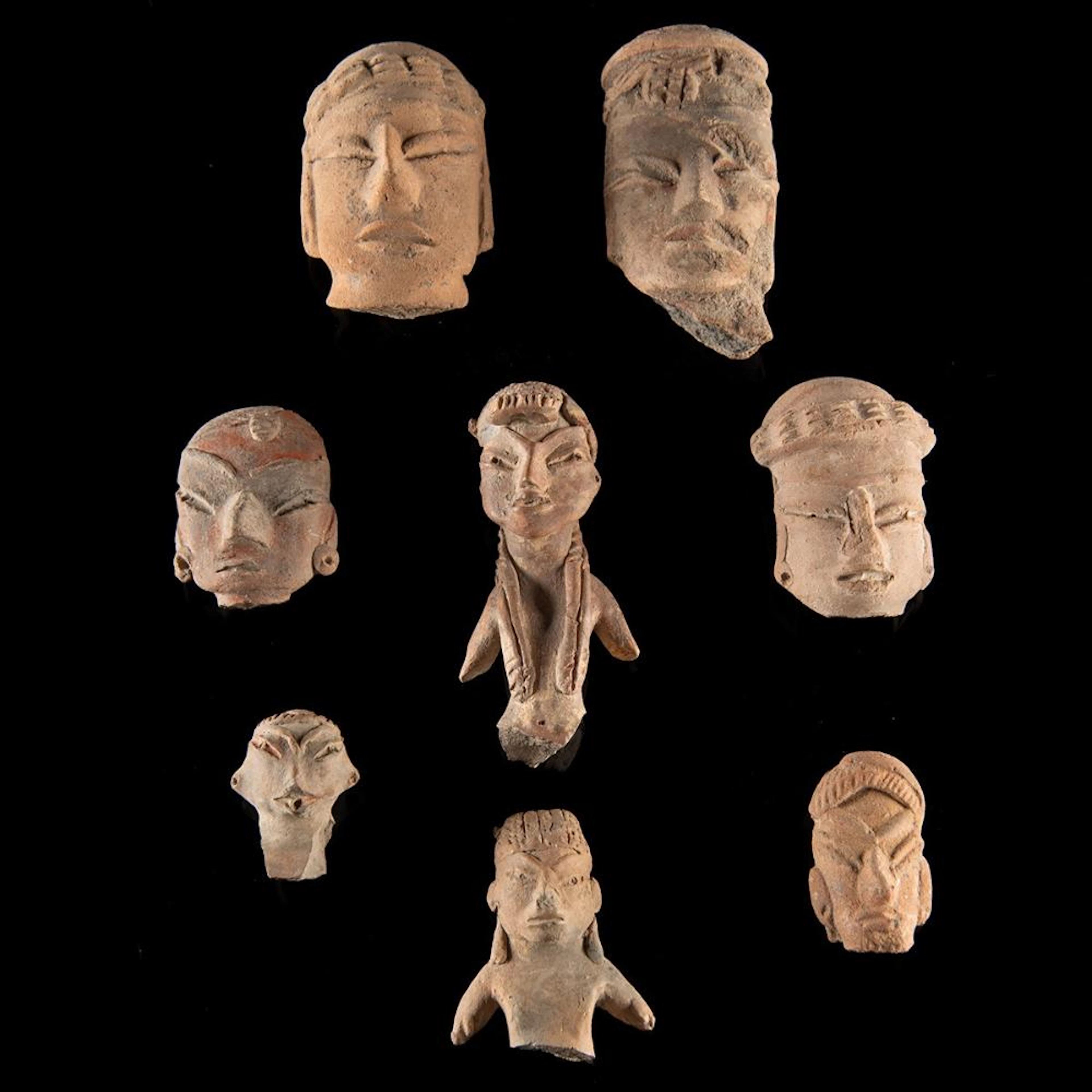 Mexican Tlatilco Figure Heads, Buff Clay, Red White Pigment