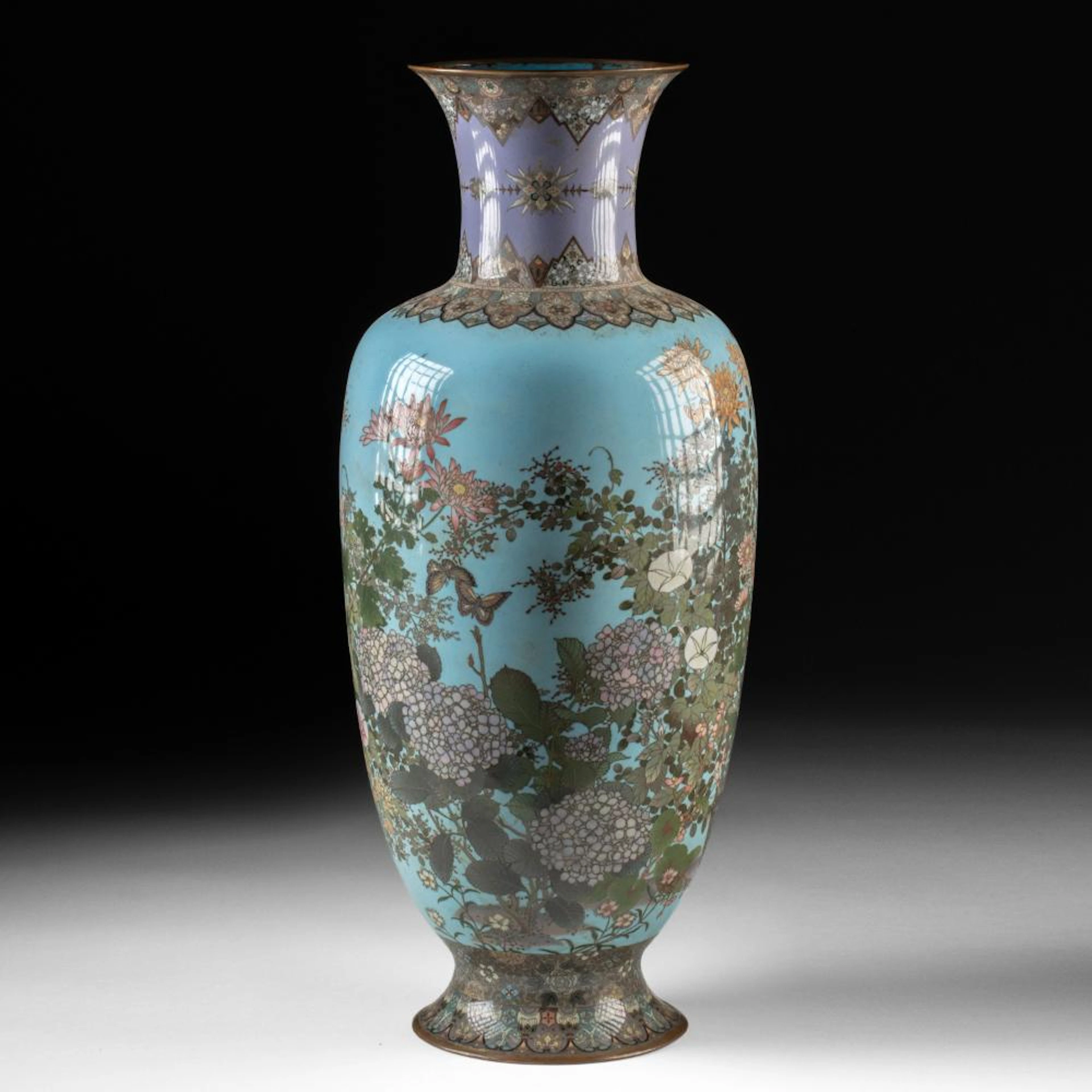Large Japanese Meiji Cloisonne Enamel Copper Vase with Chrysanthemums