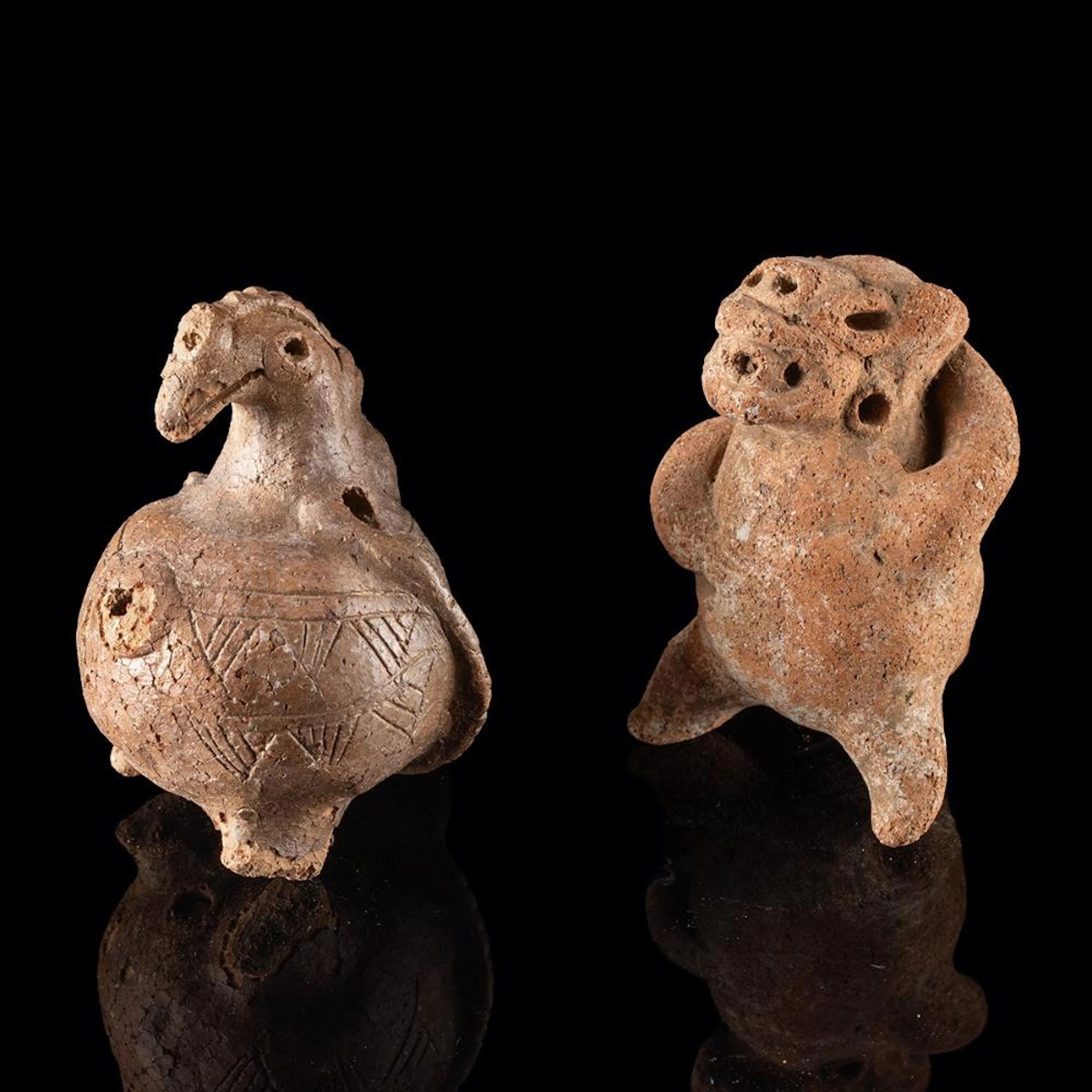 Two Miniature Tairona Pottery Whistles - Bird & Jaguar