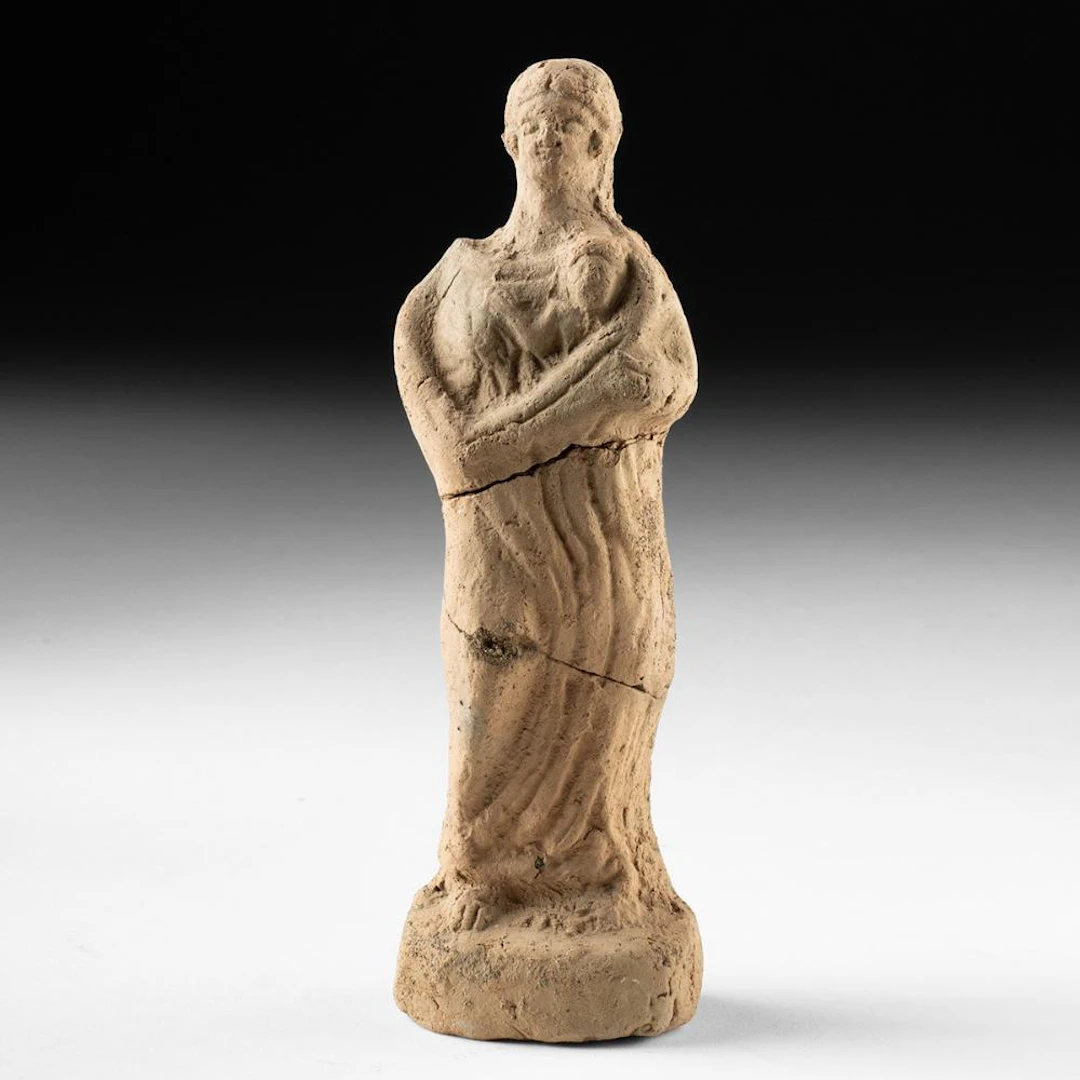 Greek Tanagra Terracotta Kourotrophos, Veiled Woman Holding Child