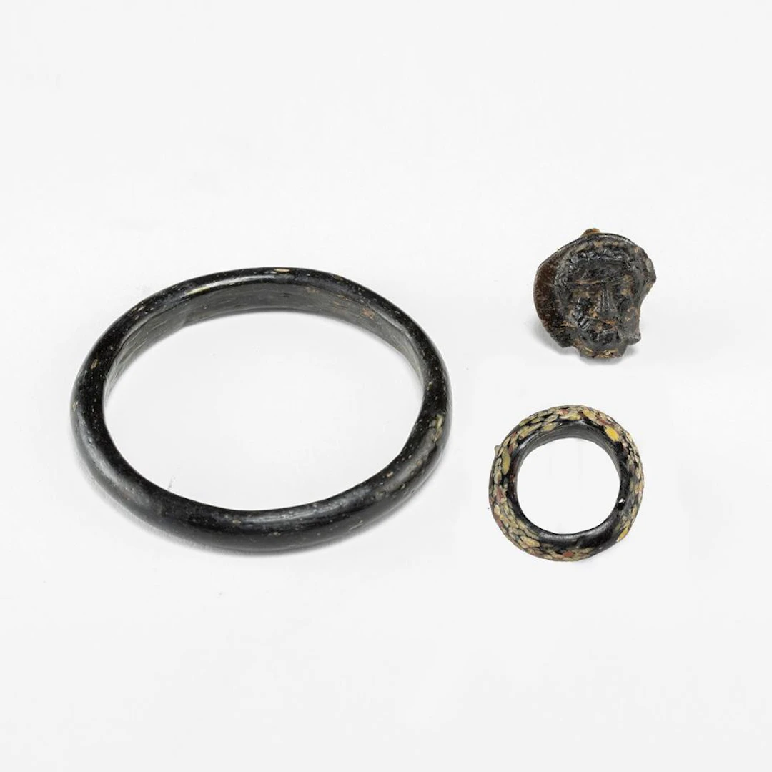 Three Roman Glass Jewelry Pieces - Bangle, Finial & Mosaic Ring