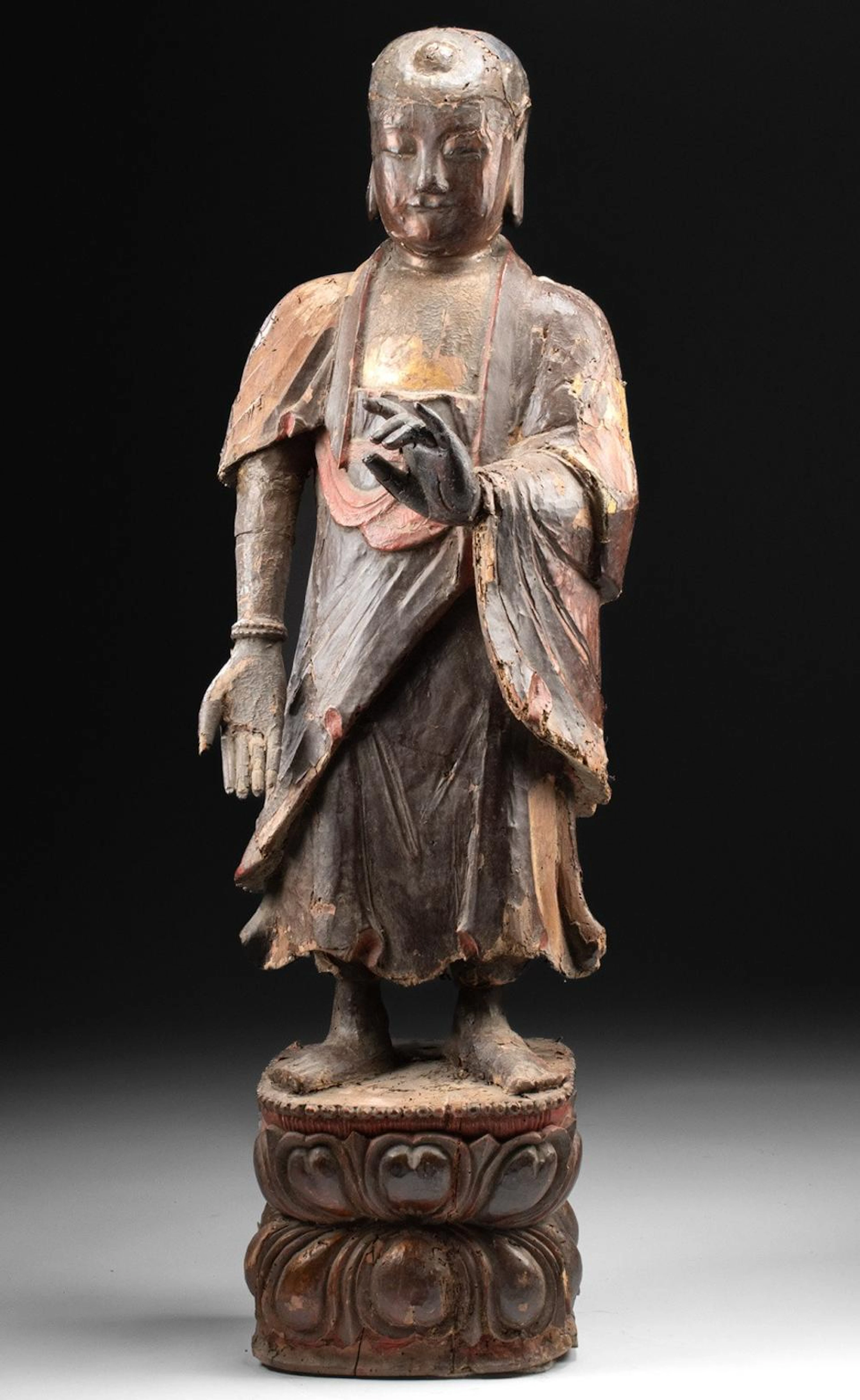 Ming Dynasty Polychrome Wood Amitabha Buddha on Lotus Base
