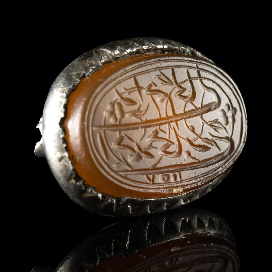 19th C. Qajar Carnelian Seal Intaglio in Silver Ring Bezel with Nastaliq