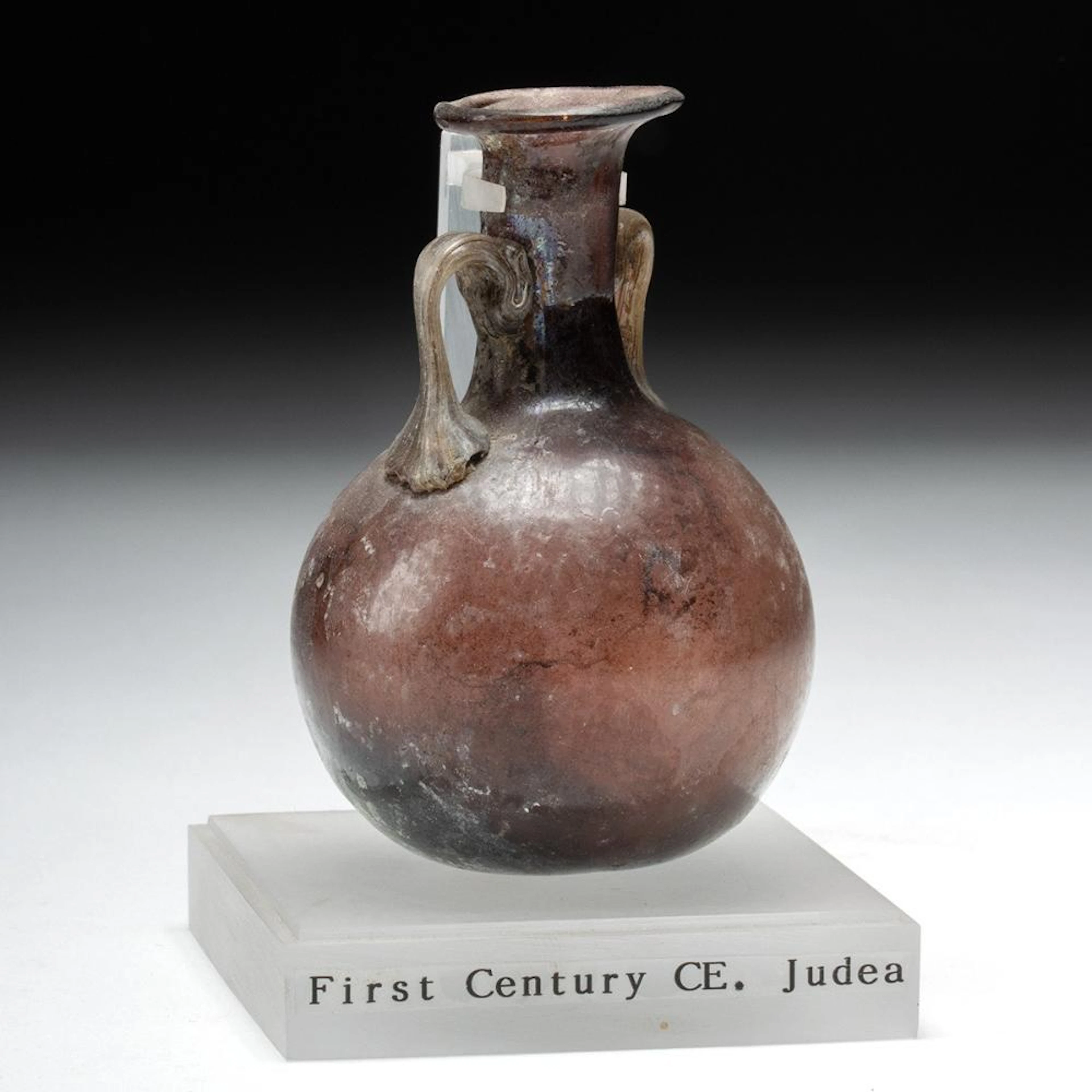 Roman Glass Aryballos, Aubergine Body with Pale Twin Trail Handles