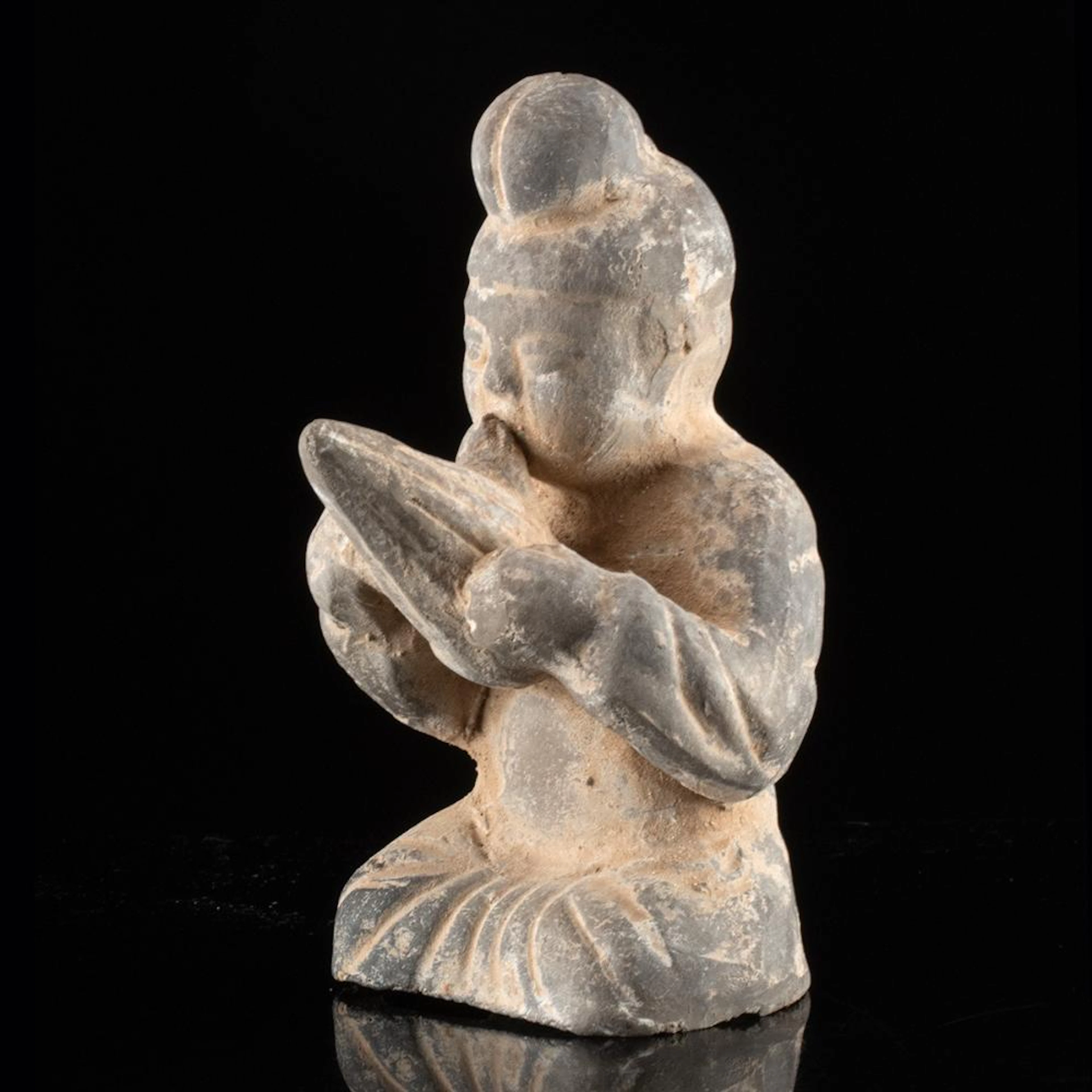 Chinese Tang Dynasty Grayware Musician Figure - Kneeling Wind Player