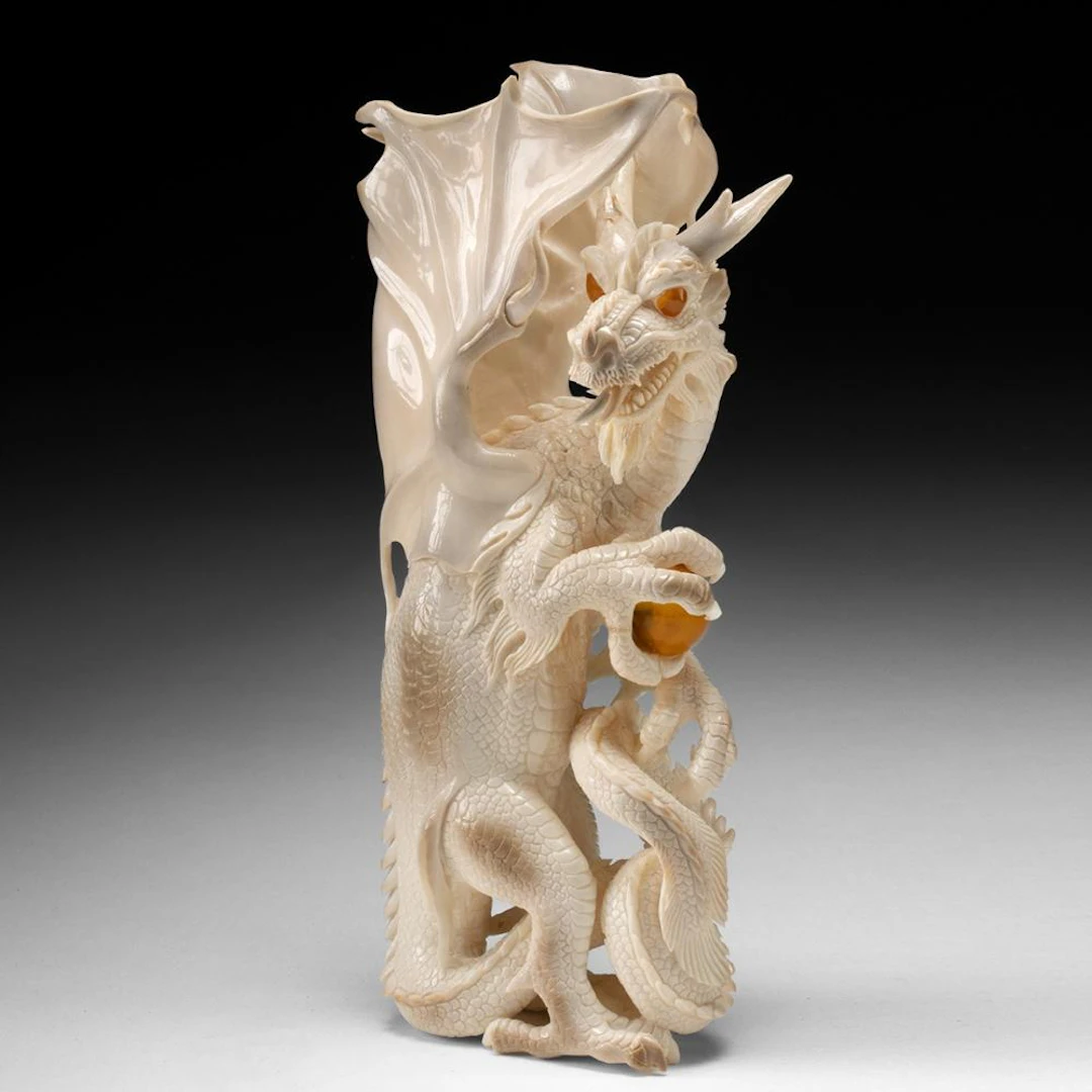 Chinese Walrus Ivory Dragon Carving Chasing Pearl, Openwork Tusk Sculpture