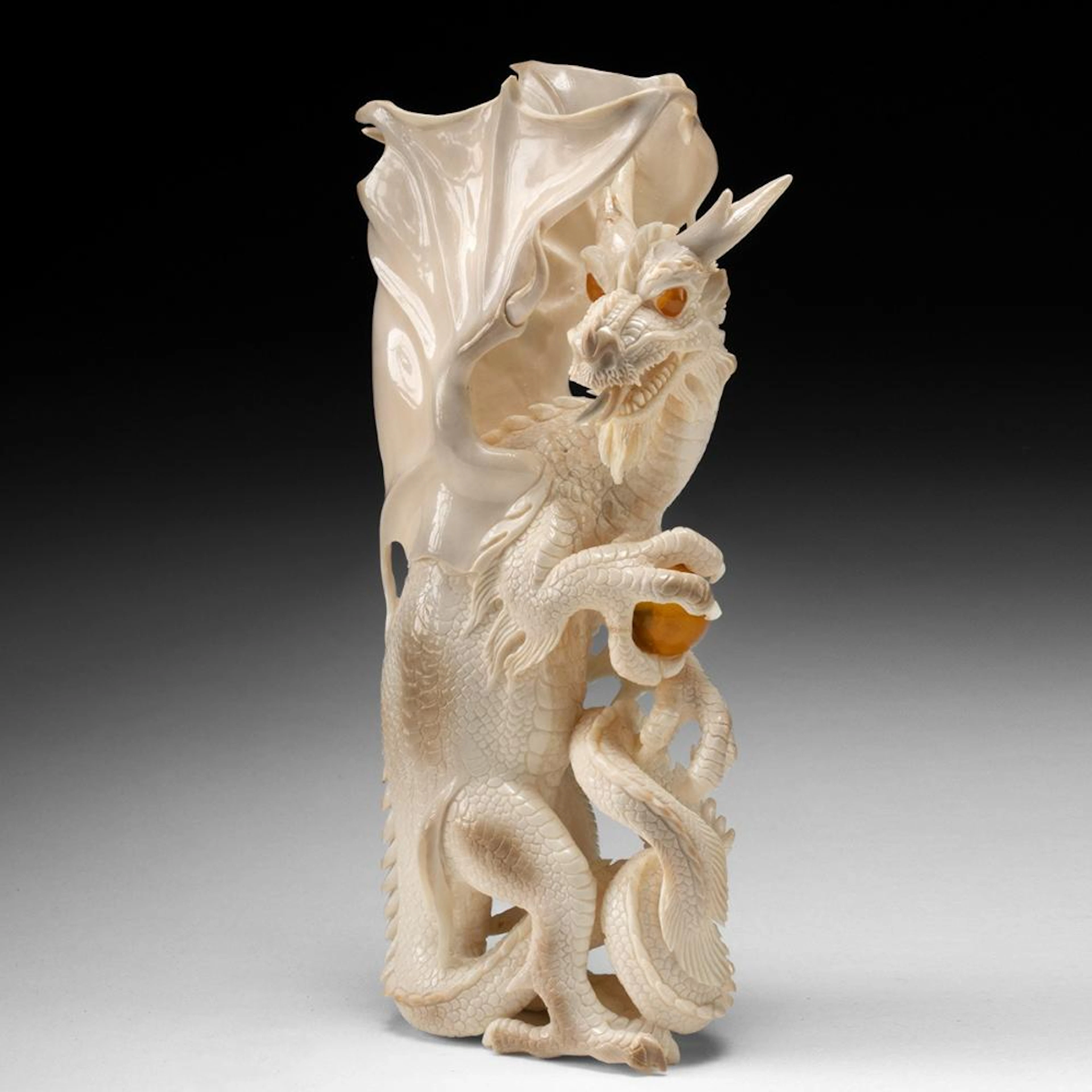Chinese Walrus Ivory Dragon Carving Chasing Pearl, Openwork Tusk Sculpture