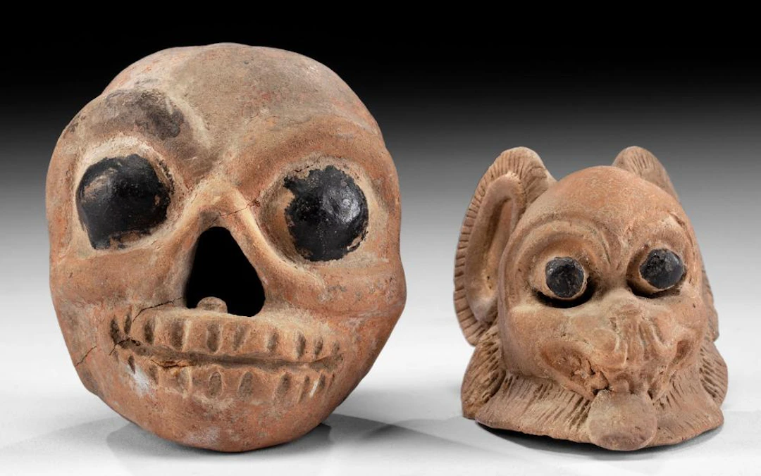 Two Veracruz Miniature Ceramic Heads, Skull and Bat with Bitumen Eyes