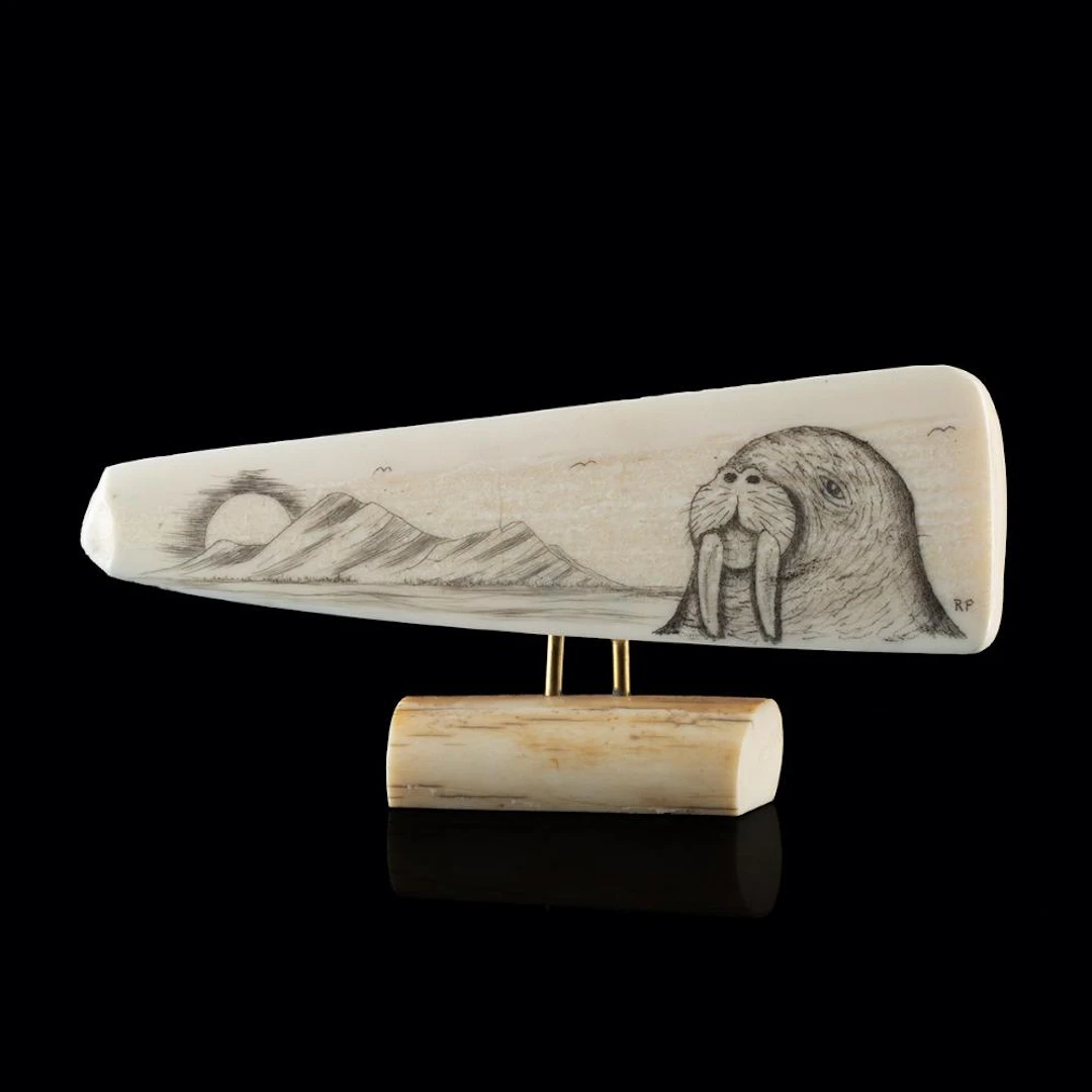 Alaskan Walrus Ivory Scrimshaw Plaque - Walrus Head & Arctic Landscape