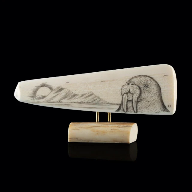 Alaskan Walrus Ivory Scrimshaw Plaque - Walrus Head & Arctic Landscape