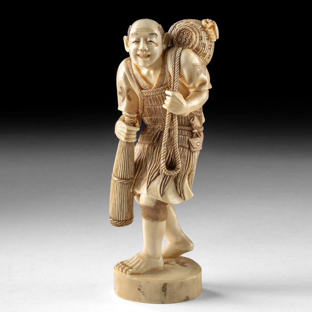 Japanese Meiji Ivory Okimono Fisherman with Escaping Crab, Signed Seisei