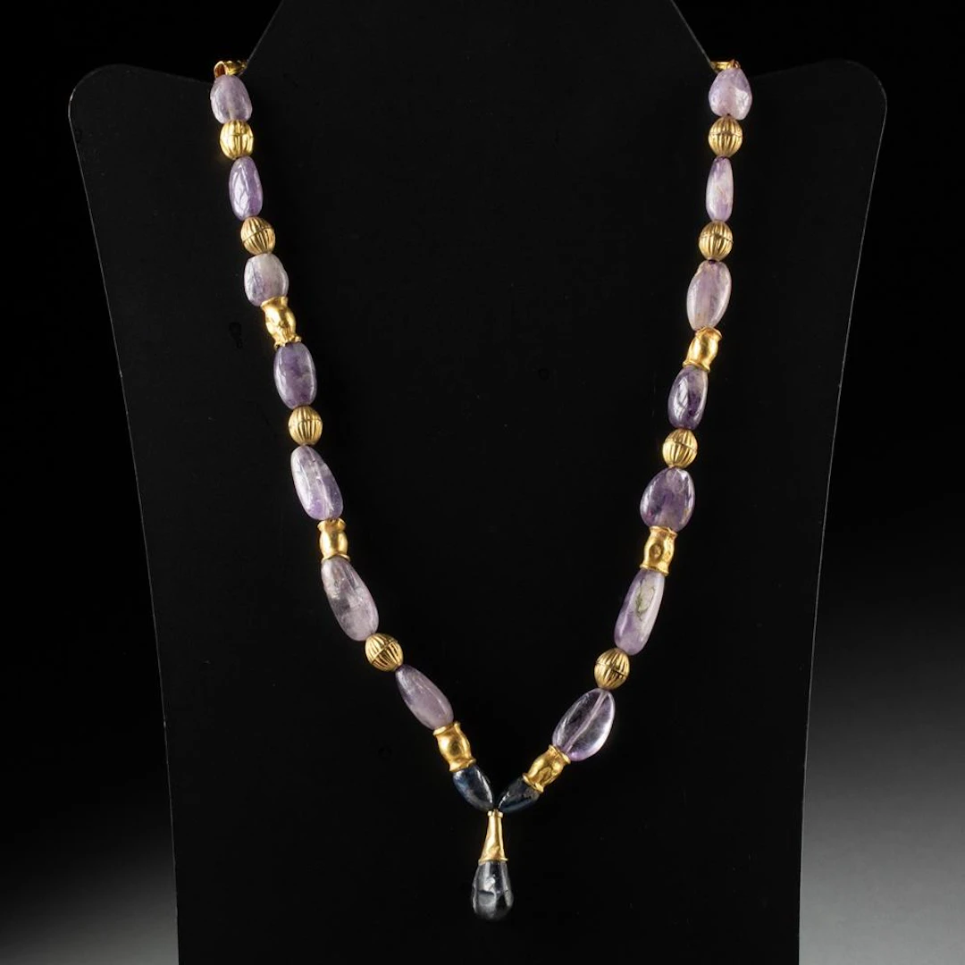 Roman to Byzantine Amethyst, Sapphire, & Gold Bead Necklace w/ Iolite Pendant