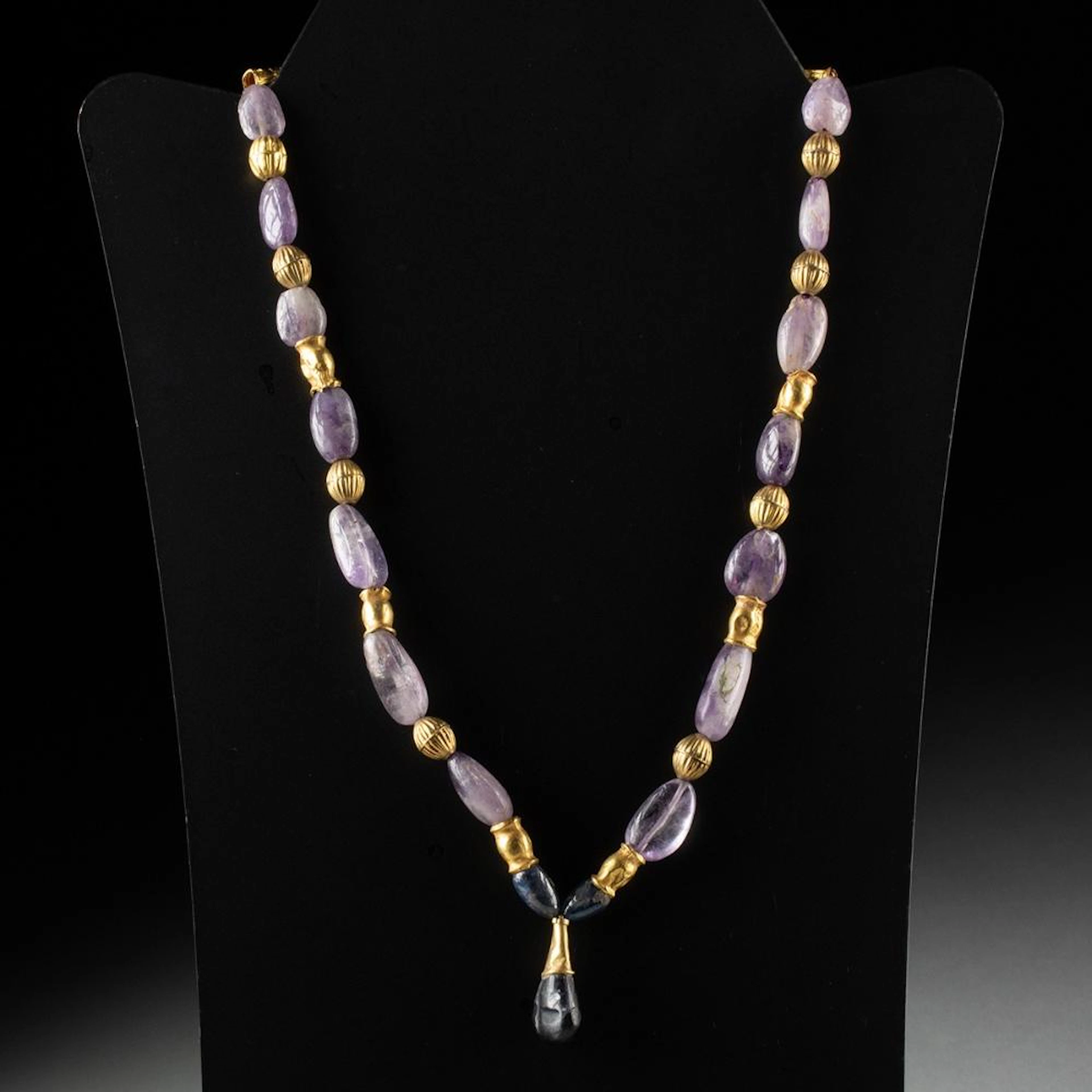 Roman to Byzantine Amethyst, Sapphire, & Gold Bead Necklace w/ Iolite Pendant