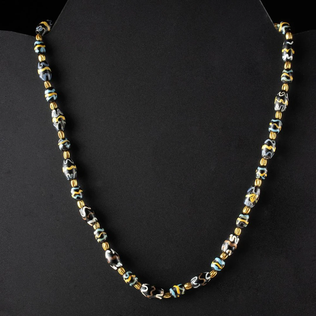 19th C. Murano Glass Trade Bead Necklace, Gold Melon Spacers