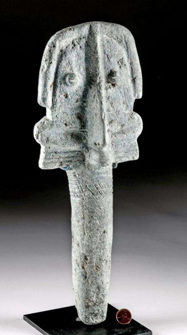 West African Bura Culture Stone Head Stele | Stylized Face with Forked